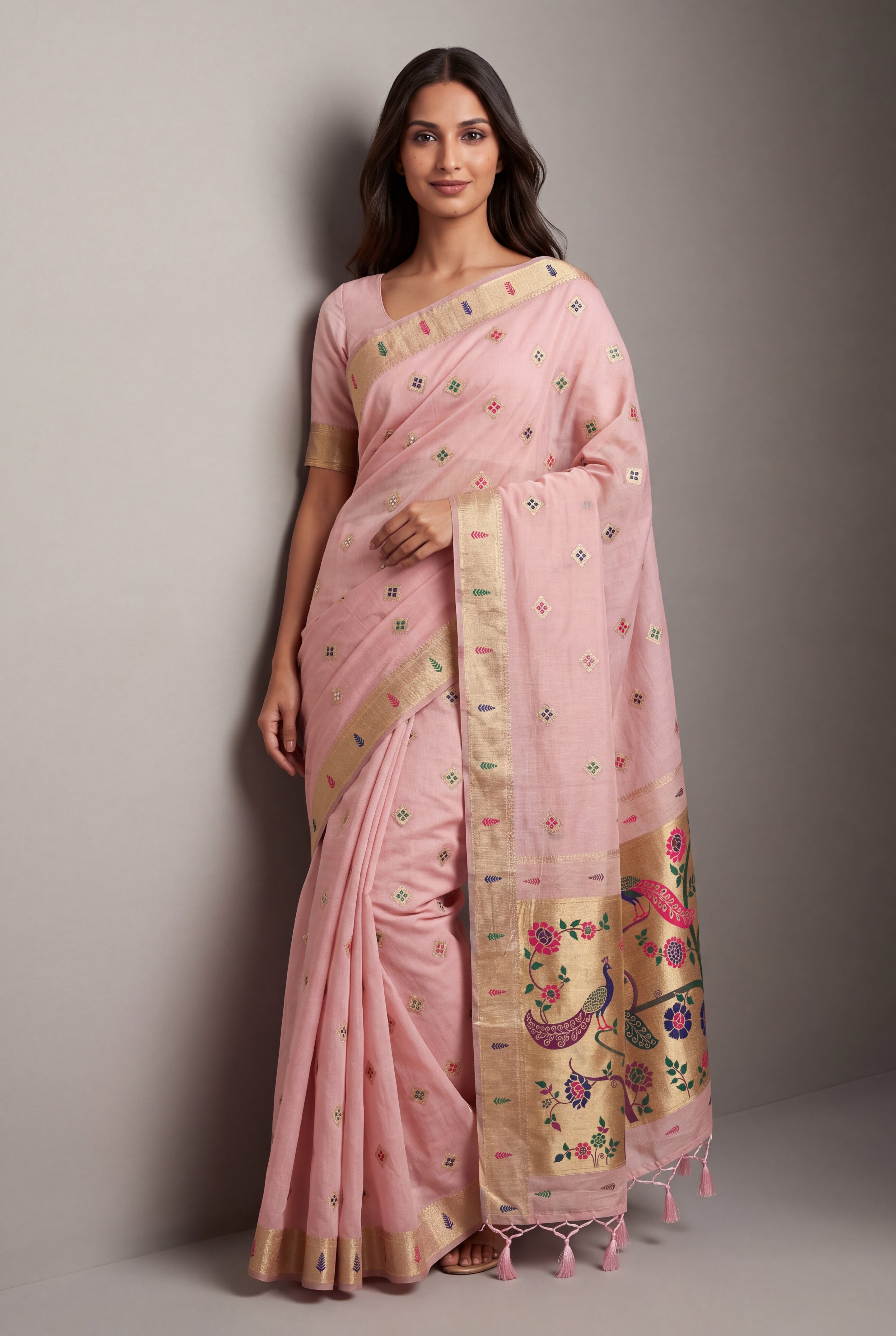 Pastel Pink Cotton Paithani Saree with Vṛkṣa border and Nīlamaṇi Pallu