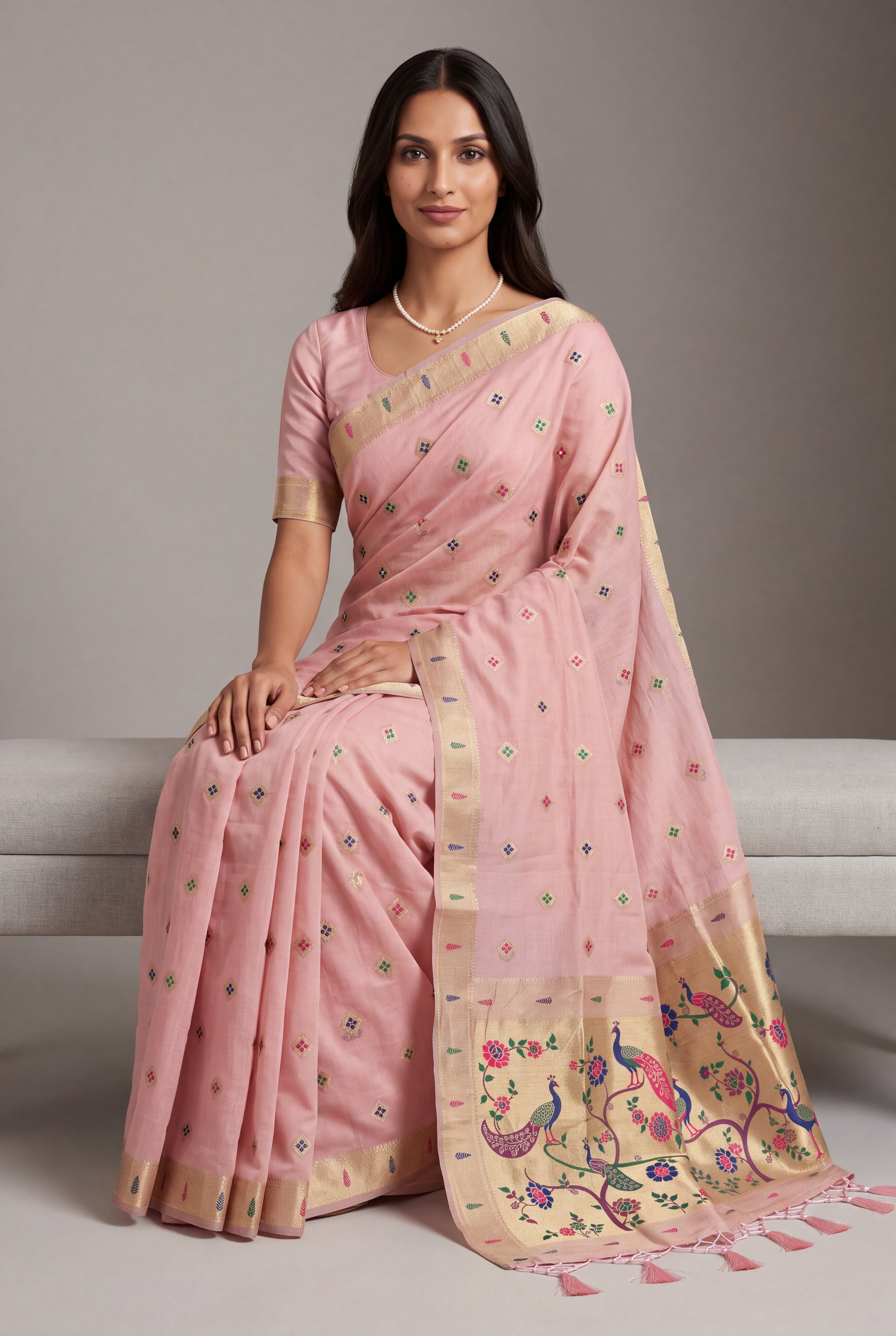 Pastel Pink Cotton Paithani Saree with Vṛkṣa border and Nīlamaṇi Pallu