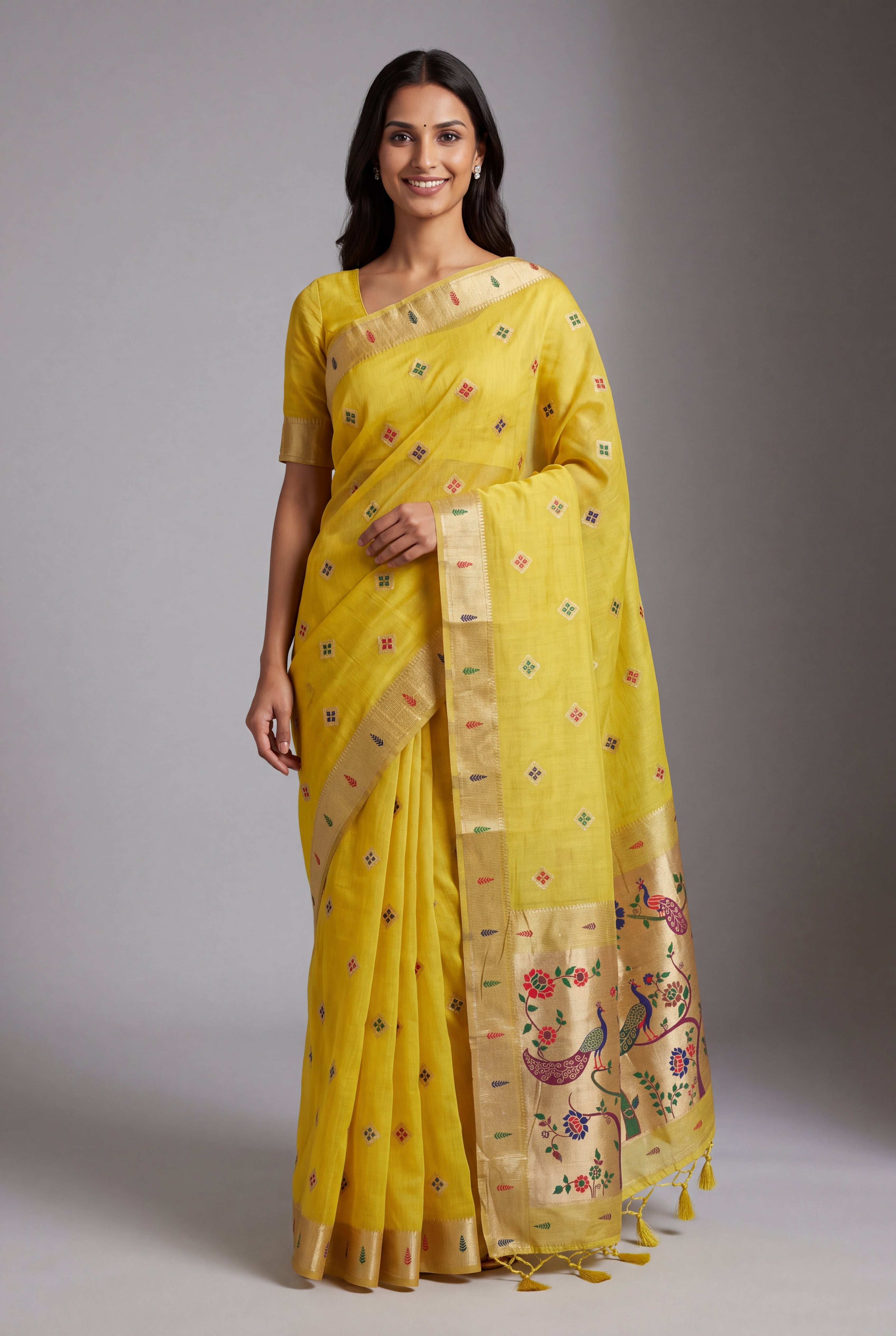Haldi Yellow Cotton Paithani Saree with Vṛkṣa border and Nīlamaṇi Pallu
