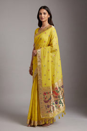 Haldi Yellow Cotton Paithani Saree with Vṛkṣa border and Nīlamaṇi Pallu