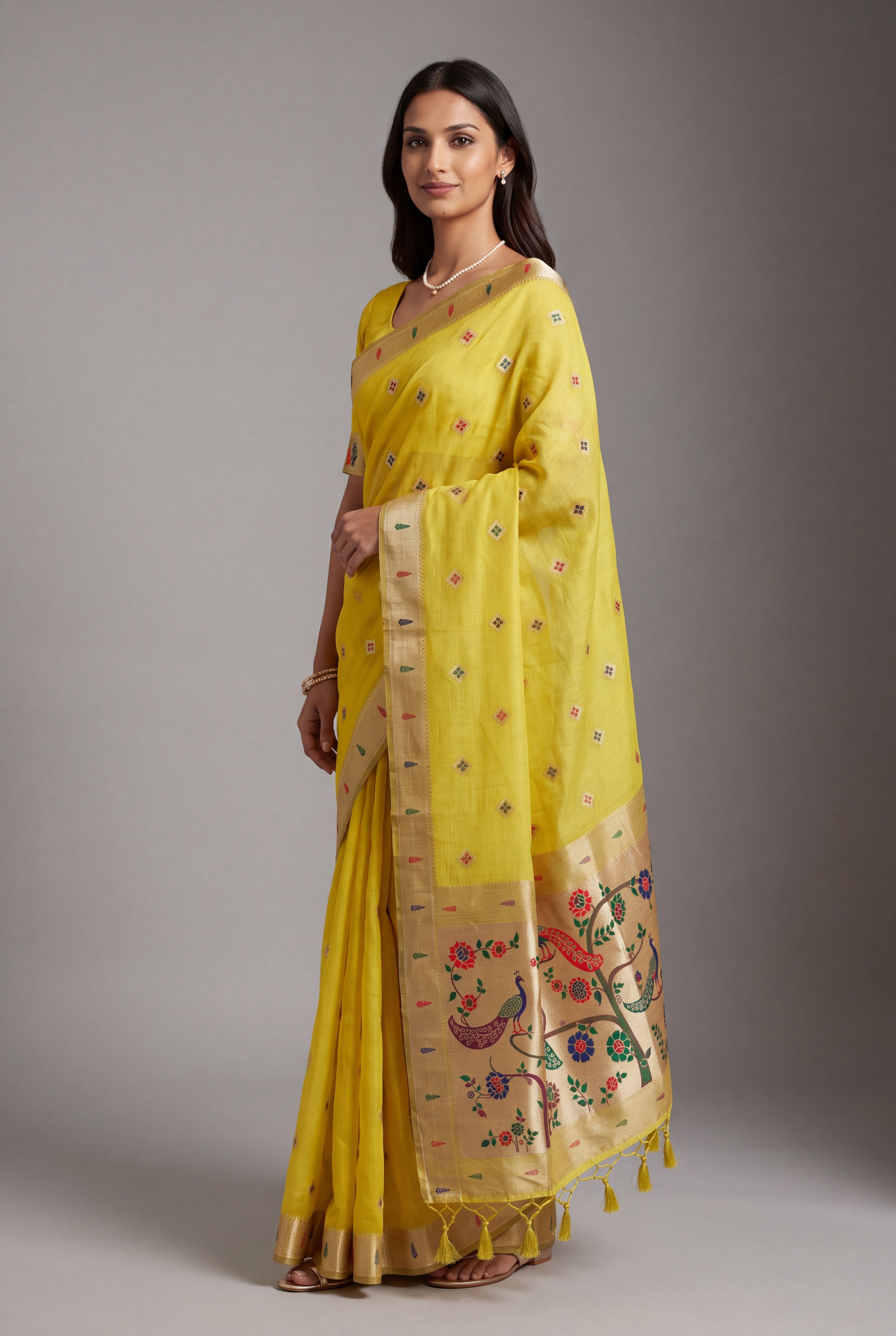 Haldi Yellow Cotton Paithani Saree with Vṛkṣa border and Nīlamaṇi Pallu