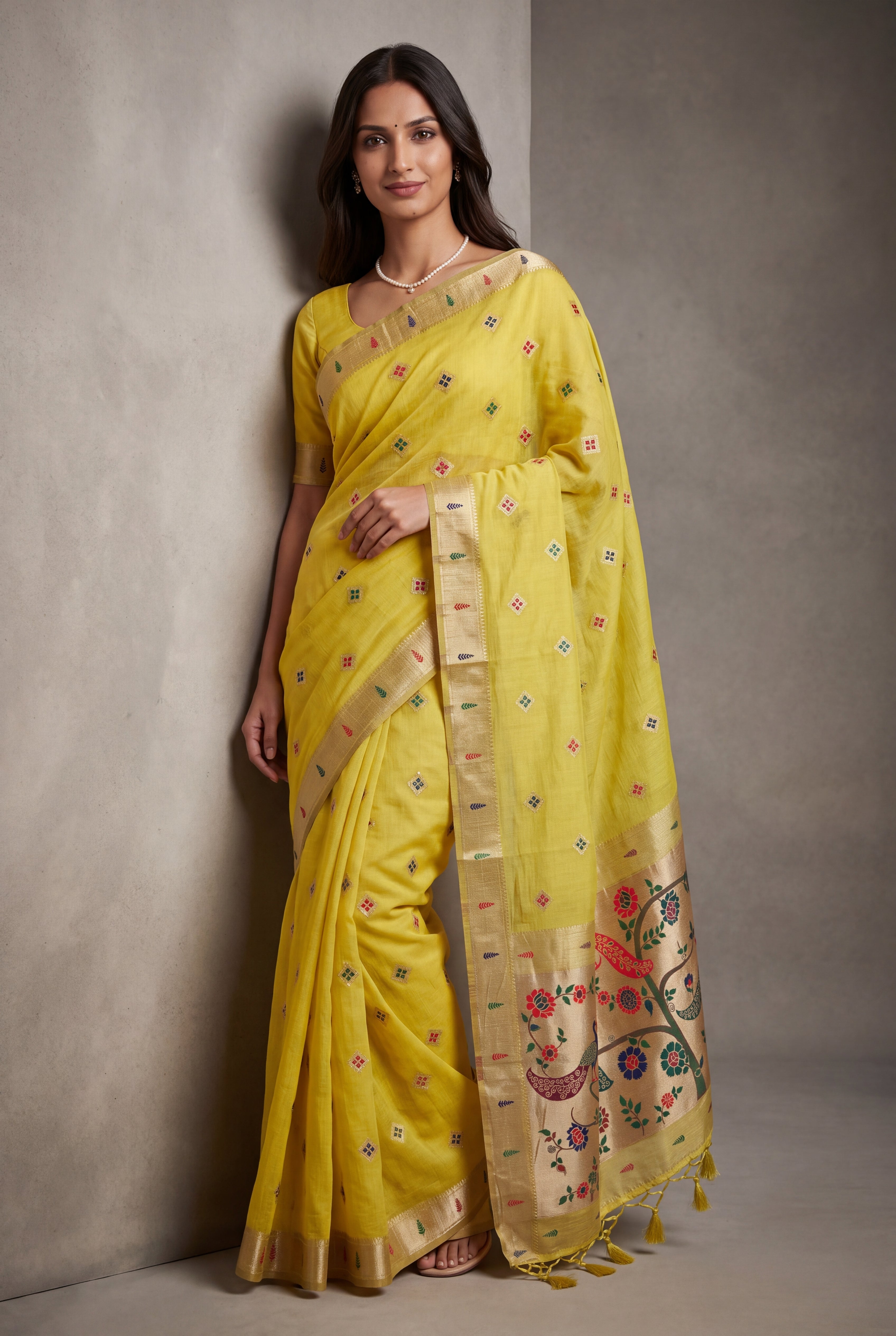 Haldi Yellow Cotton Paithani Saree with Vṛkṣa border and Nīlamaṇi Pallu