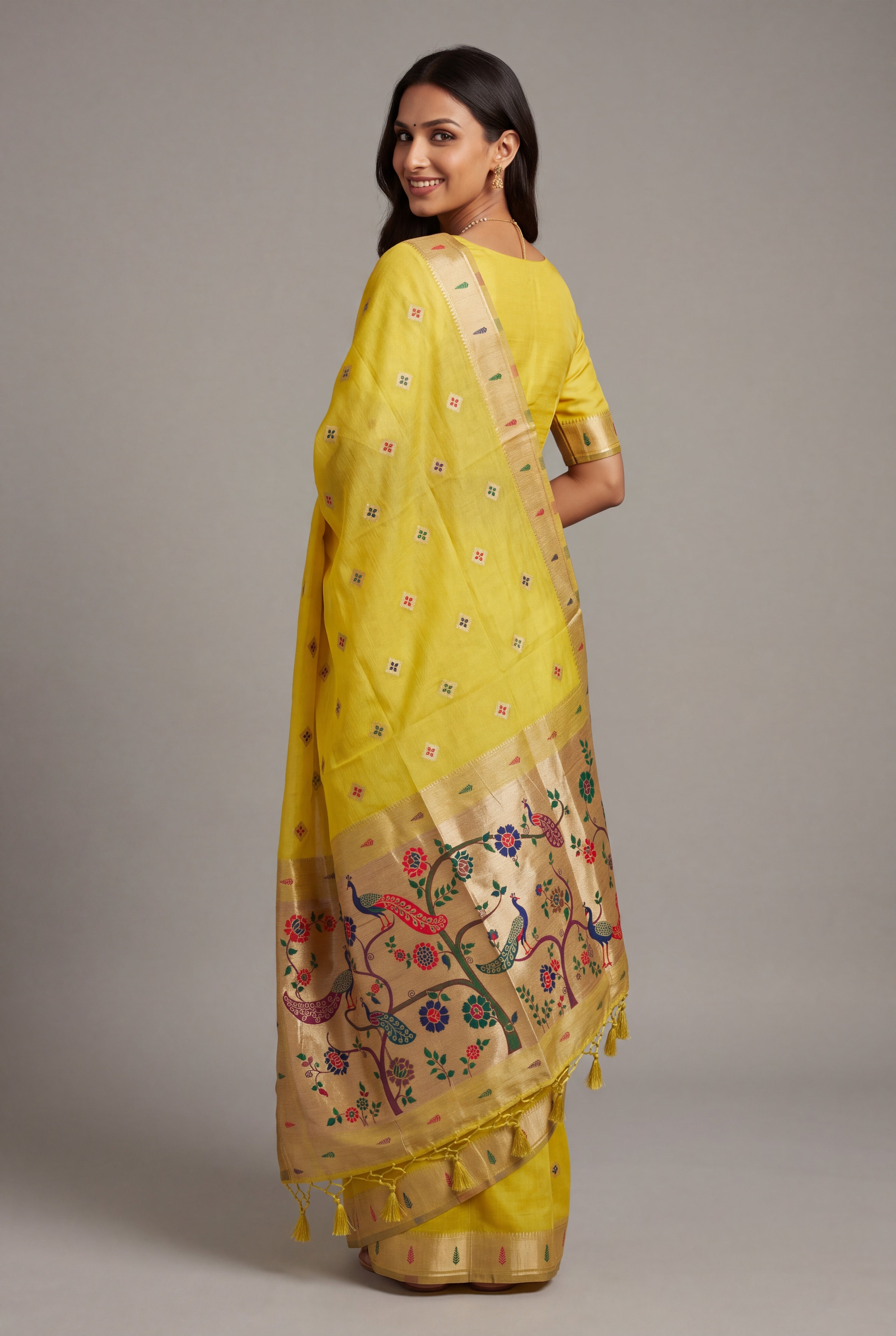 Haldi Yellow Cotton Paithani Saree with Vṛkṣa border and Nīlamaṇi Pallu