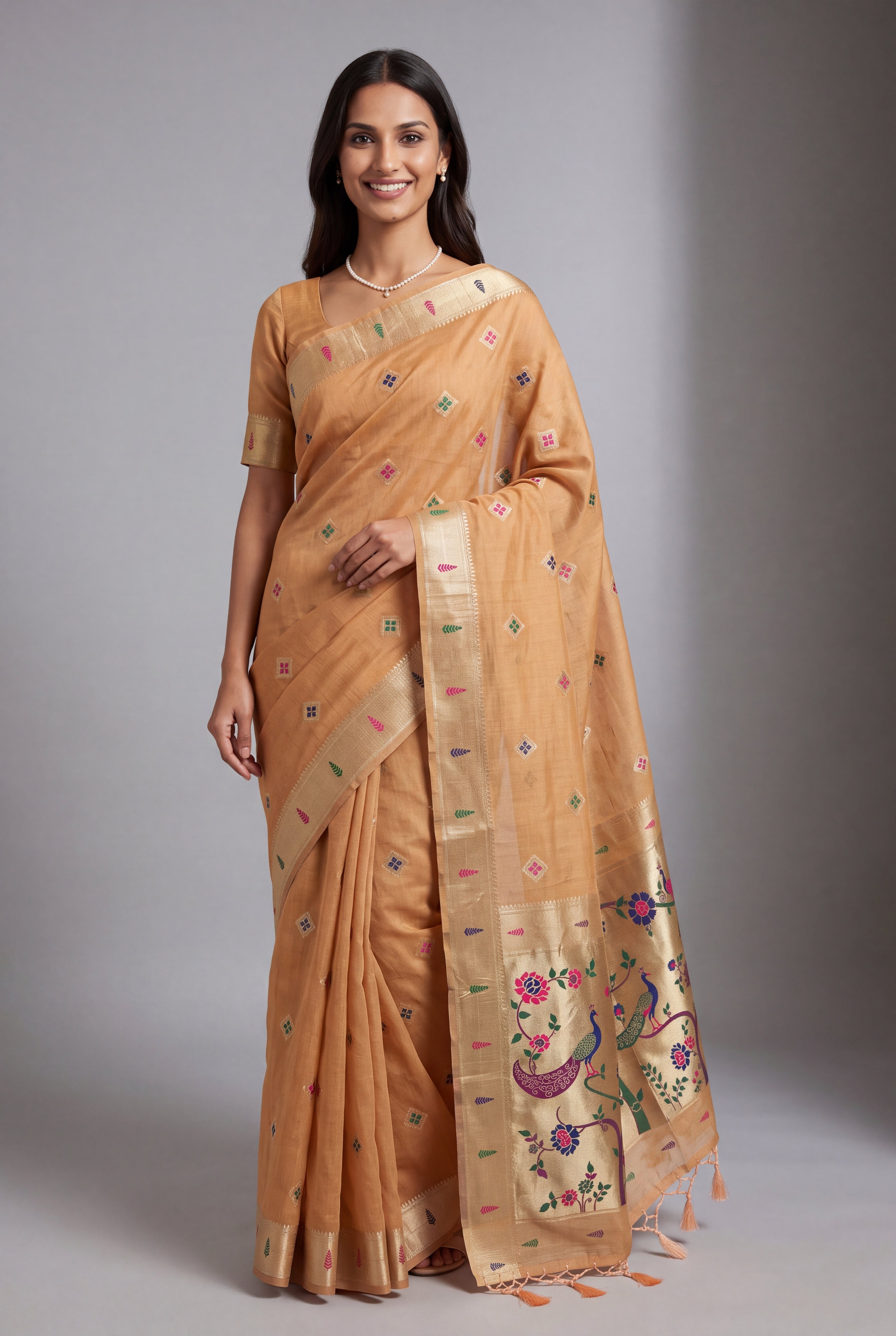 Peach Cotton Paithani Saree with Vṛkṣa border and Nīlamaṇi Pallu
