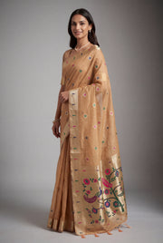 Peach Cotton Paithani Saree with Vṛkṣa border and Nīlamaṇi Pallu