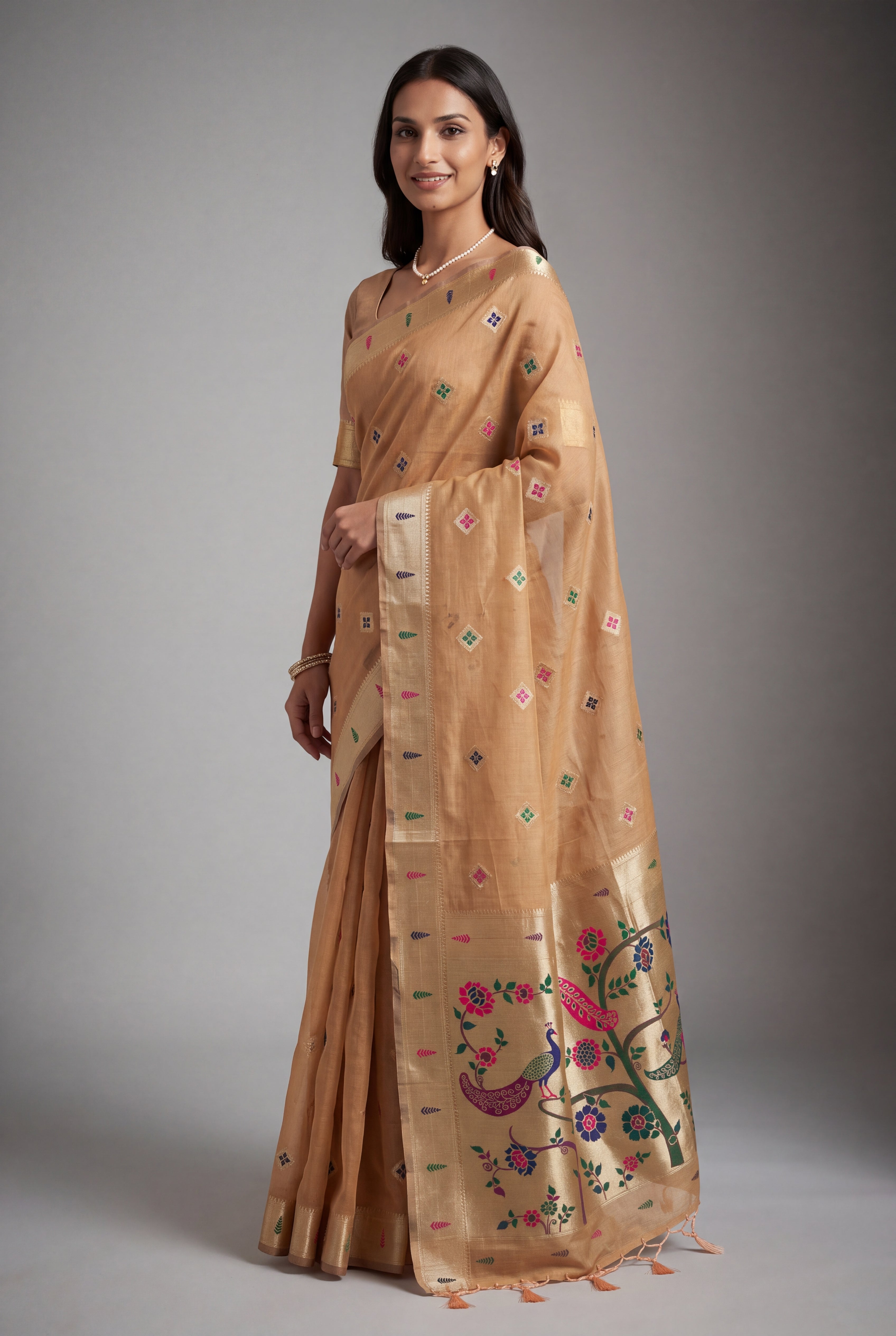 Peach Cotton Paithani Saree with Vṛkṣa border and Nīlamaṇi Pallu
