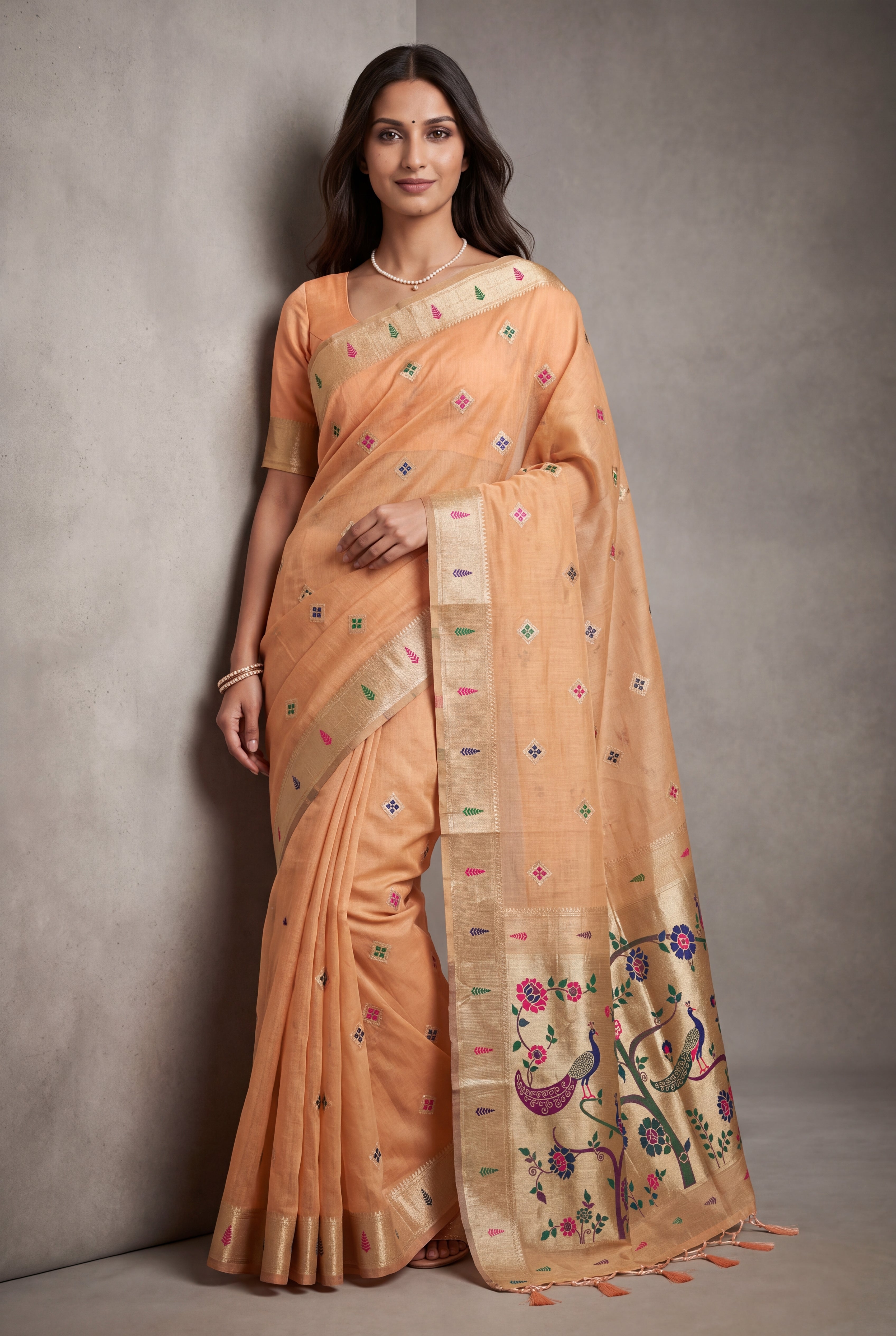 Peach Cotton Paithani Saree with Vṛkṣa border and Nīlamaṇi Pallu