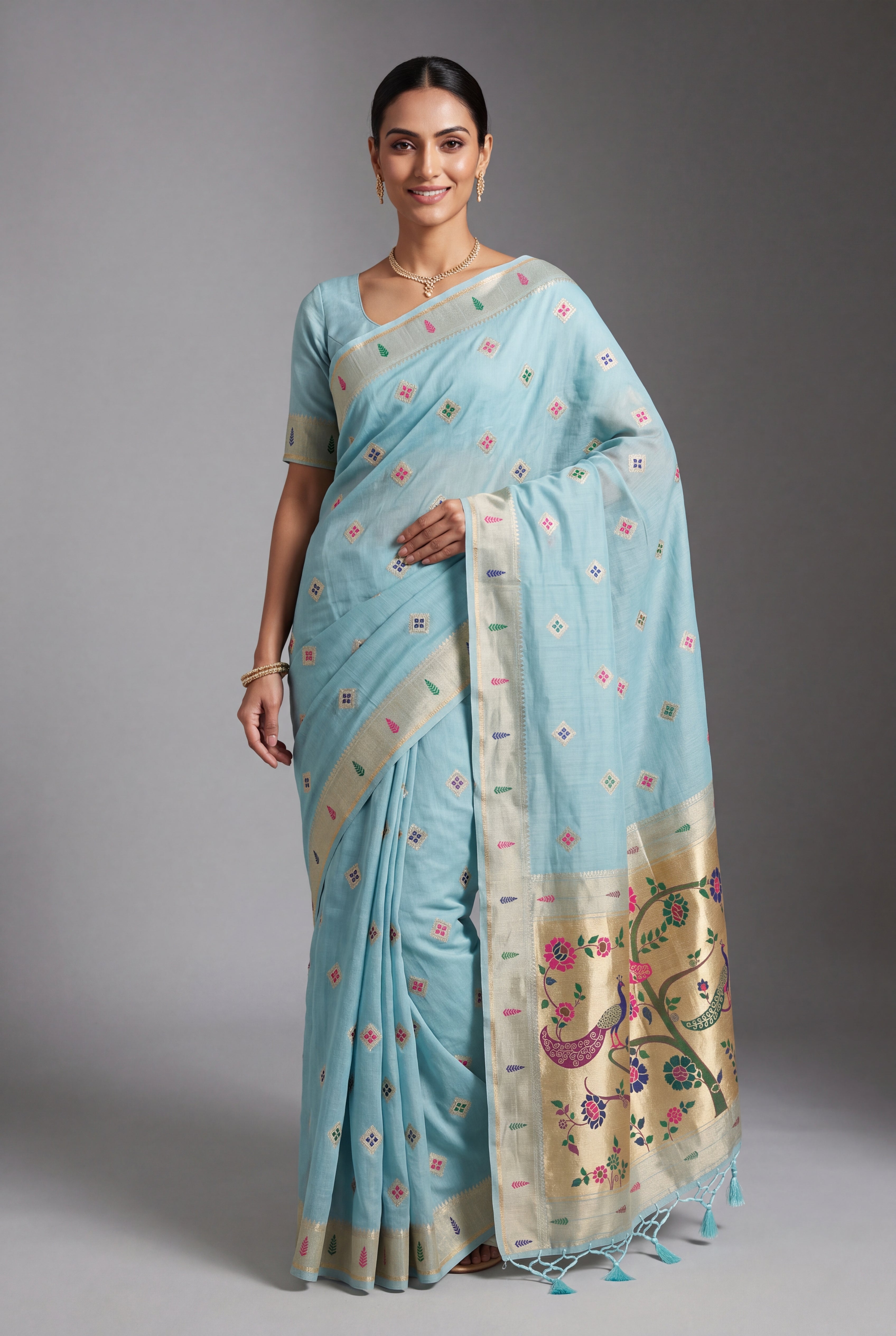 Pastel Blue Cotton Paithani Saree with Vṛkṣa border and Nīlamaṇi Pallu