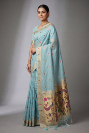 Pastel Blue Cotton Paithani Saree with Vṛkṣa border and Nīlamaṇi Pallu