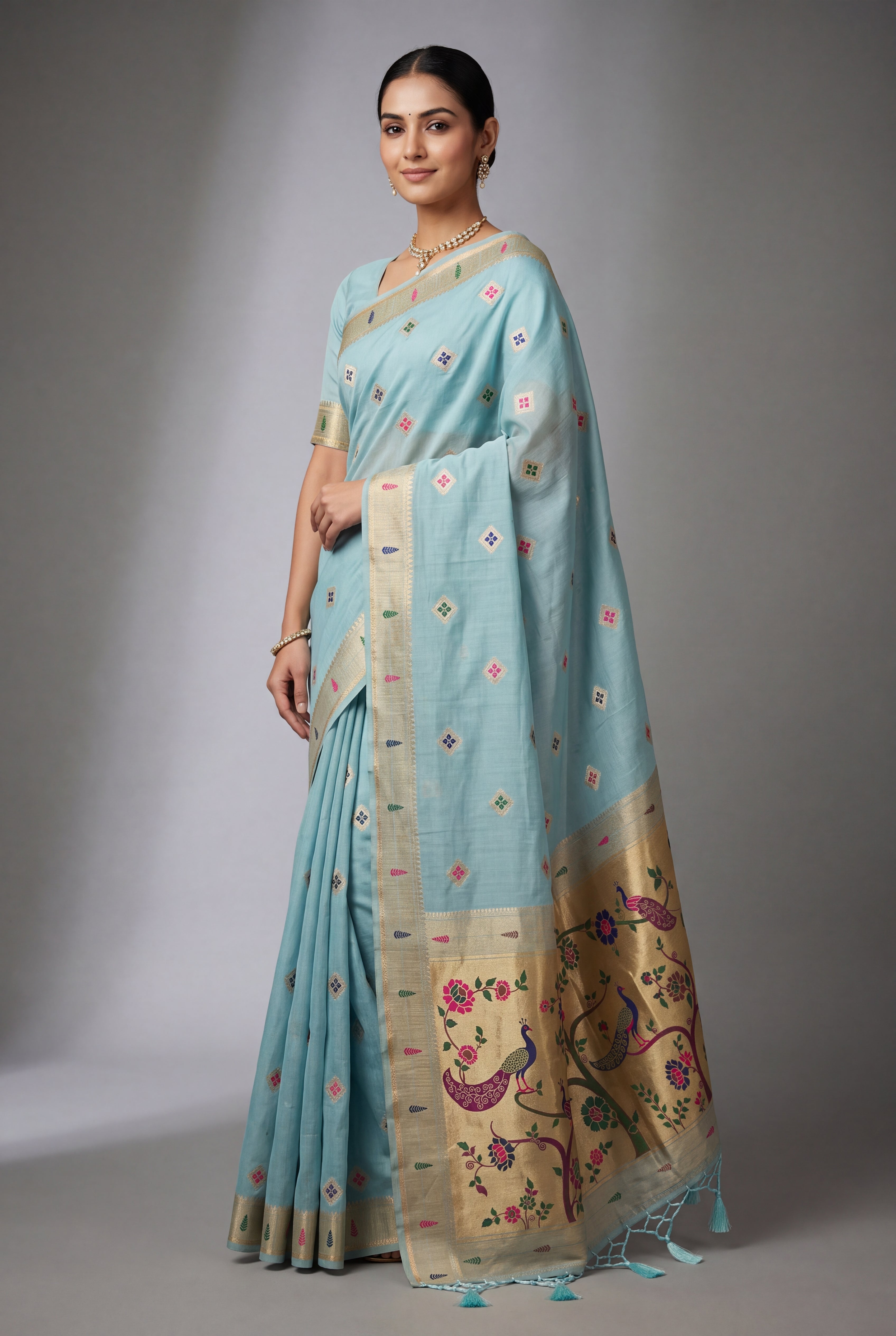 Pastel Blue Cotton Paithani Saree with Vṛkṣa border and Nīlamaṇi Pallu
