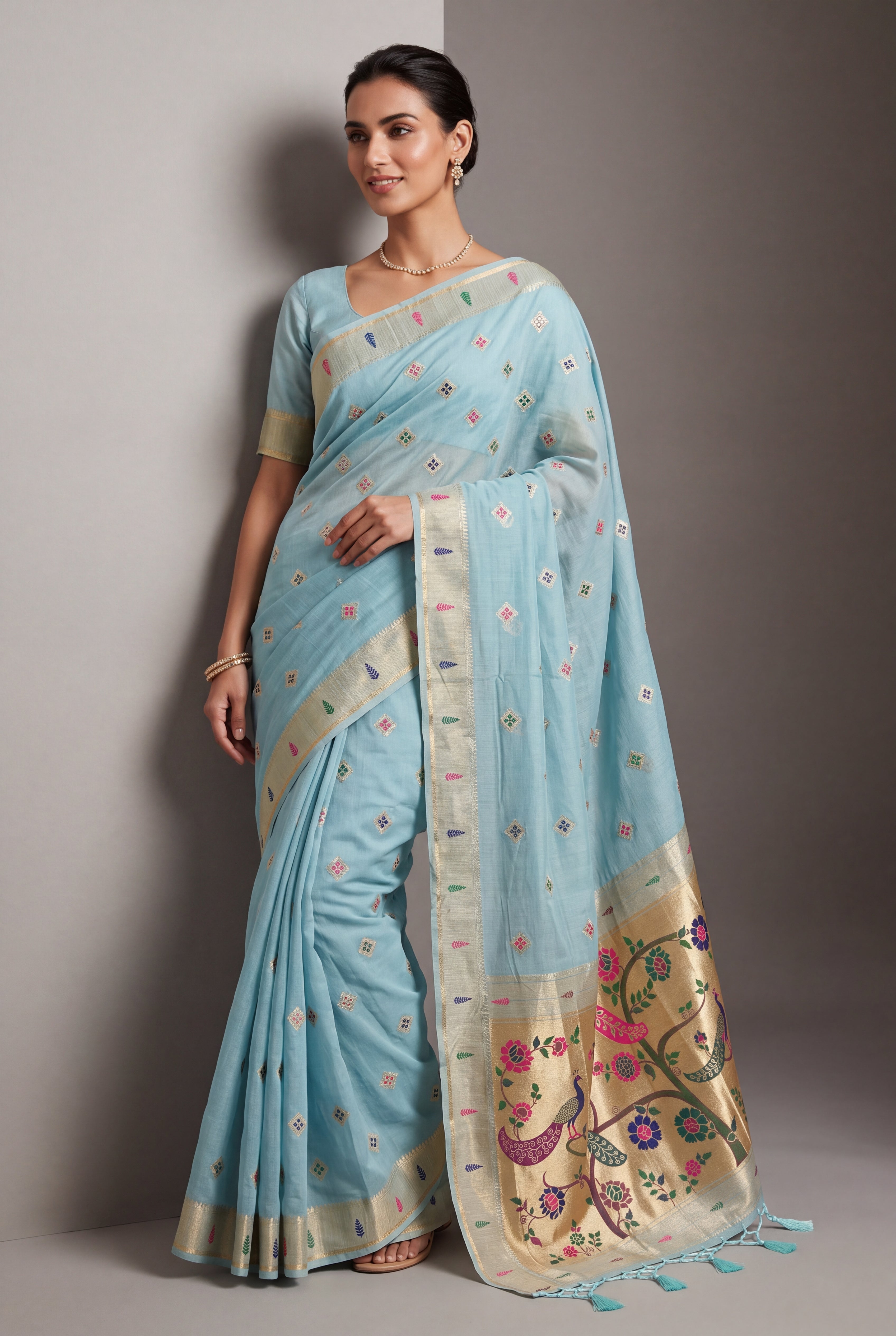 Pastel Blue Cotton Paithani Saree with Vṛkṣa border and Nīlamaṇi Pallu