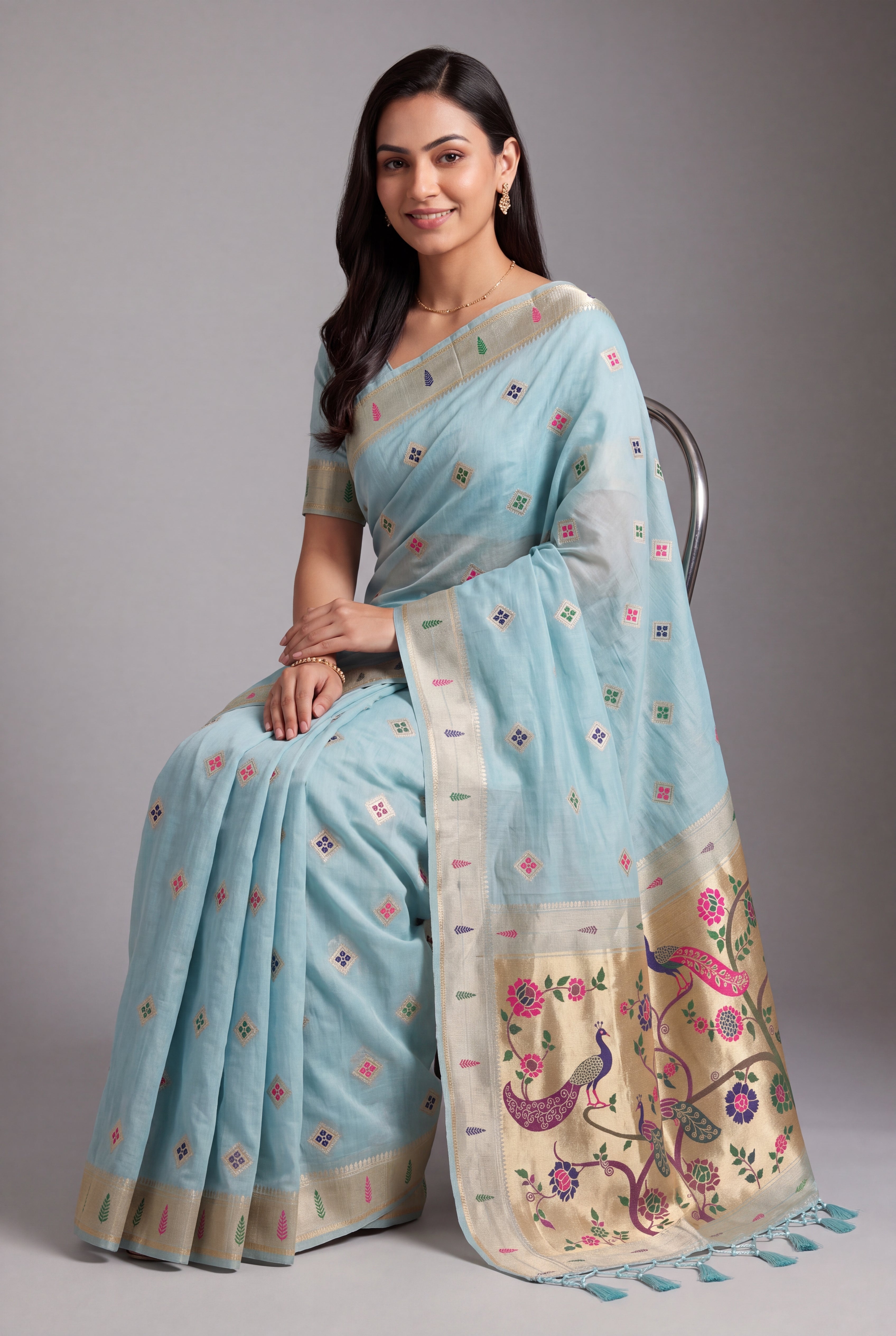 Pastel Blue Cotton Paithani Saree with Vṛkṣa border and Nīlamaṇi Pallu