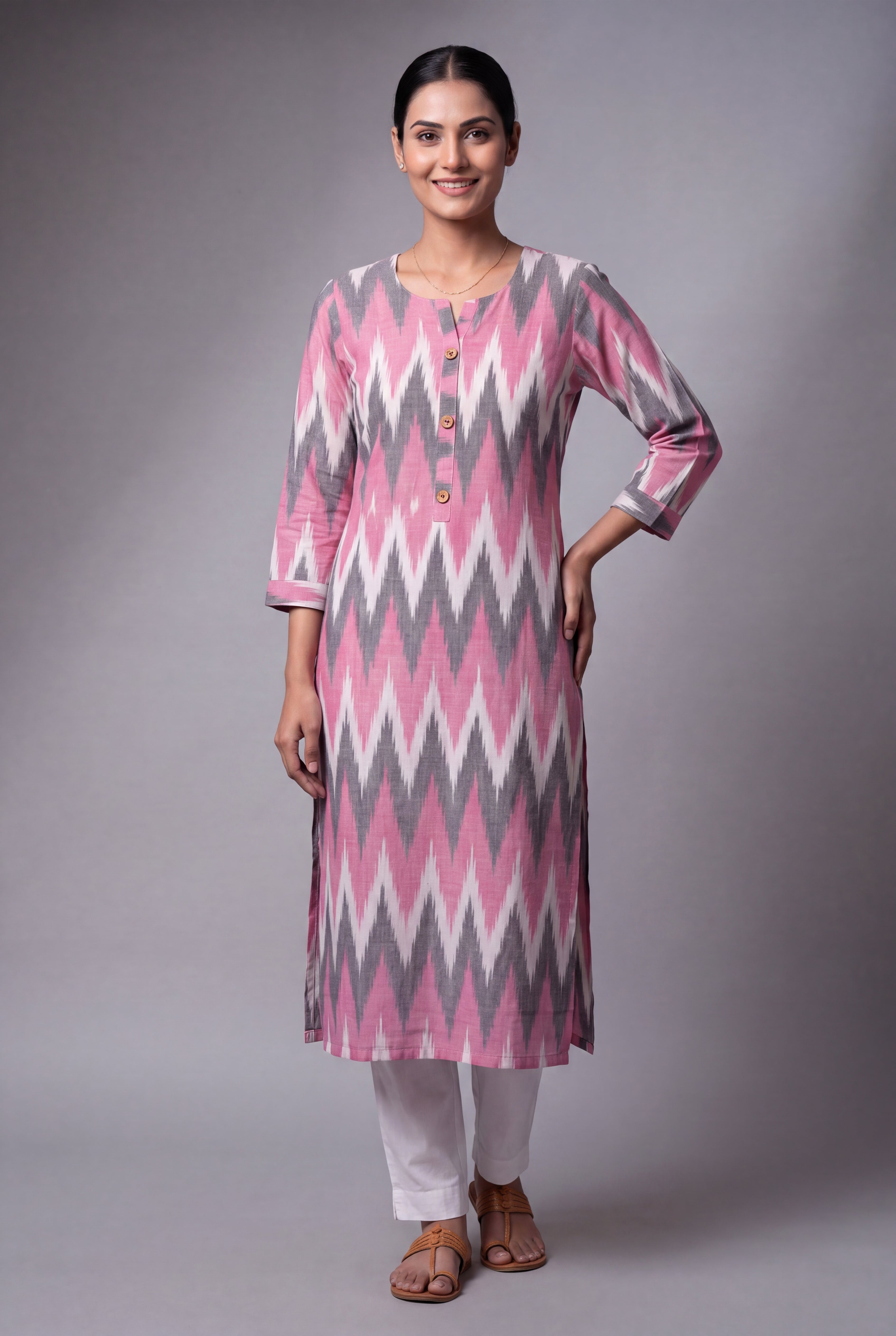 Pastel Pink and White Ikat-Inspired Tarang Kurti