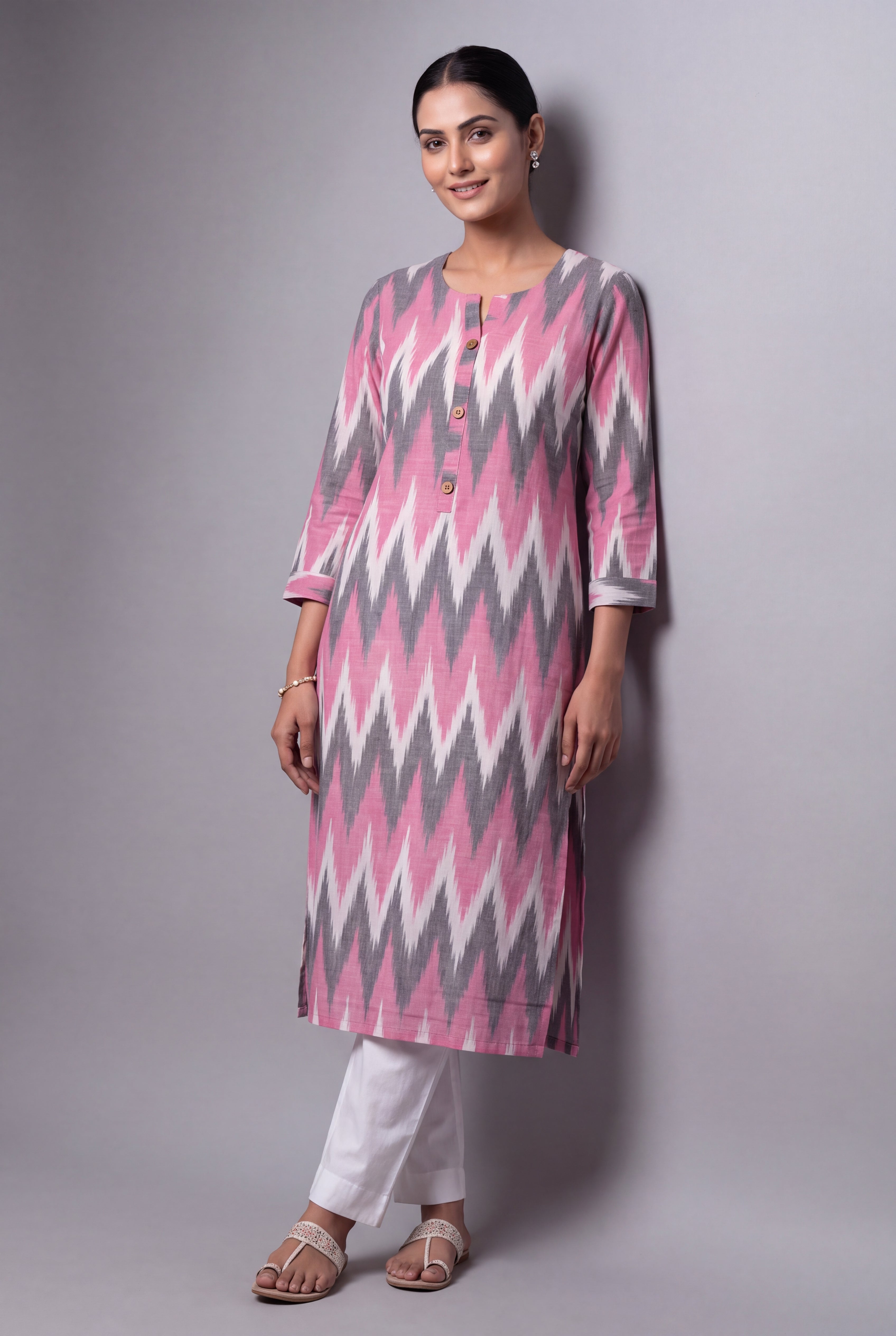 Pastel Pink and White Ikat-Inspired Tarang Kurti