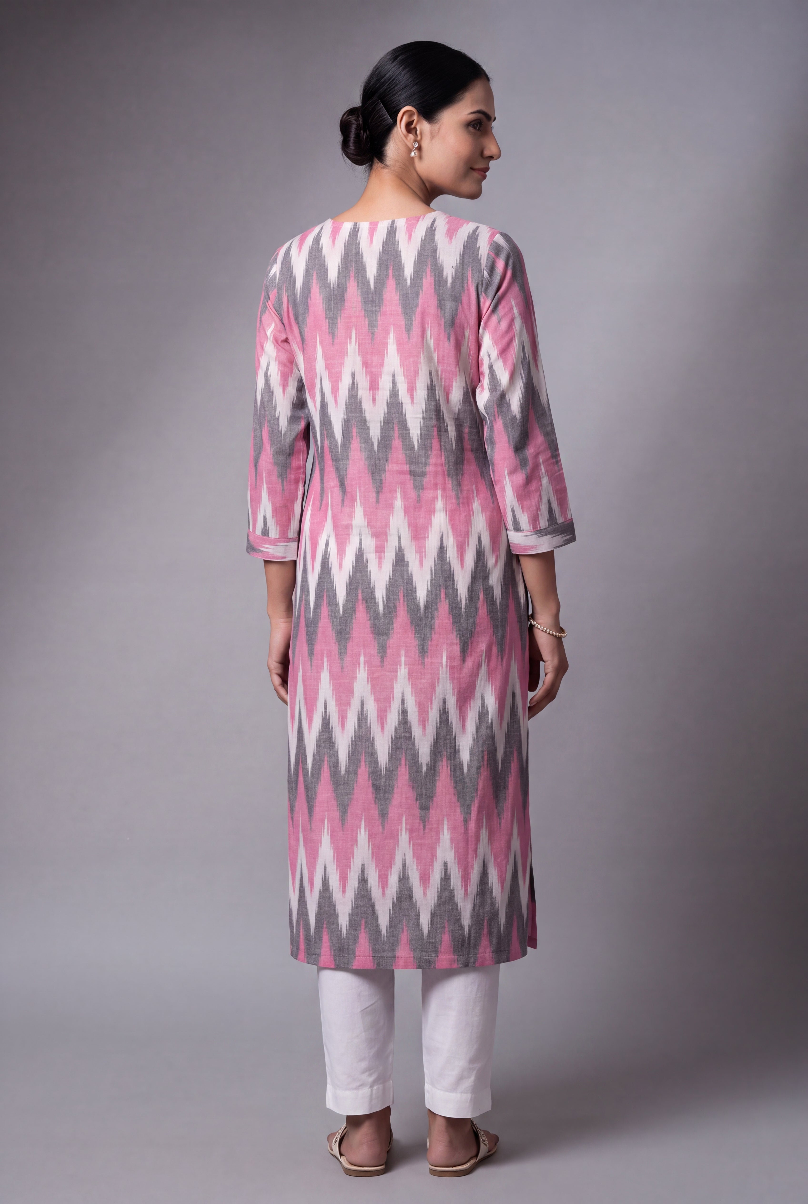 Pastel Pink and White Ikat-Inspired Tarang Kurti