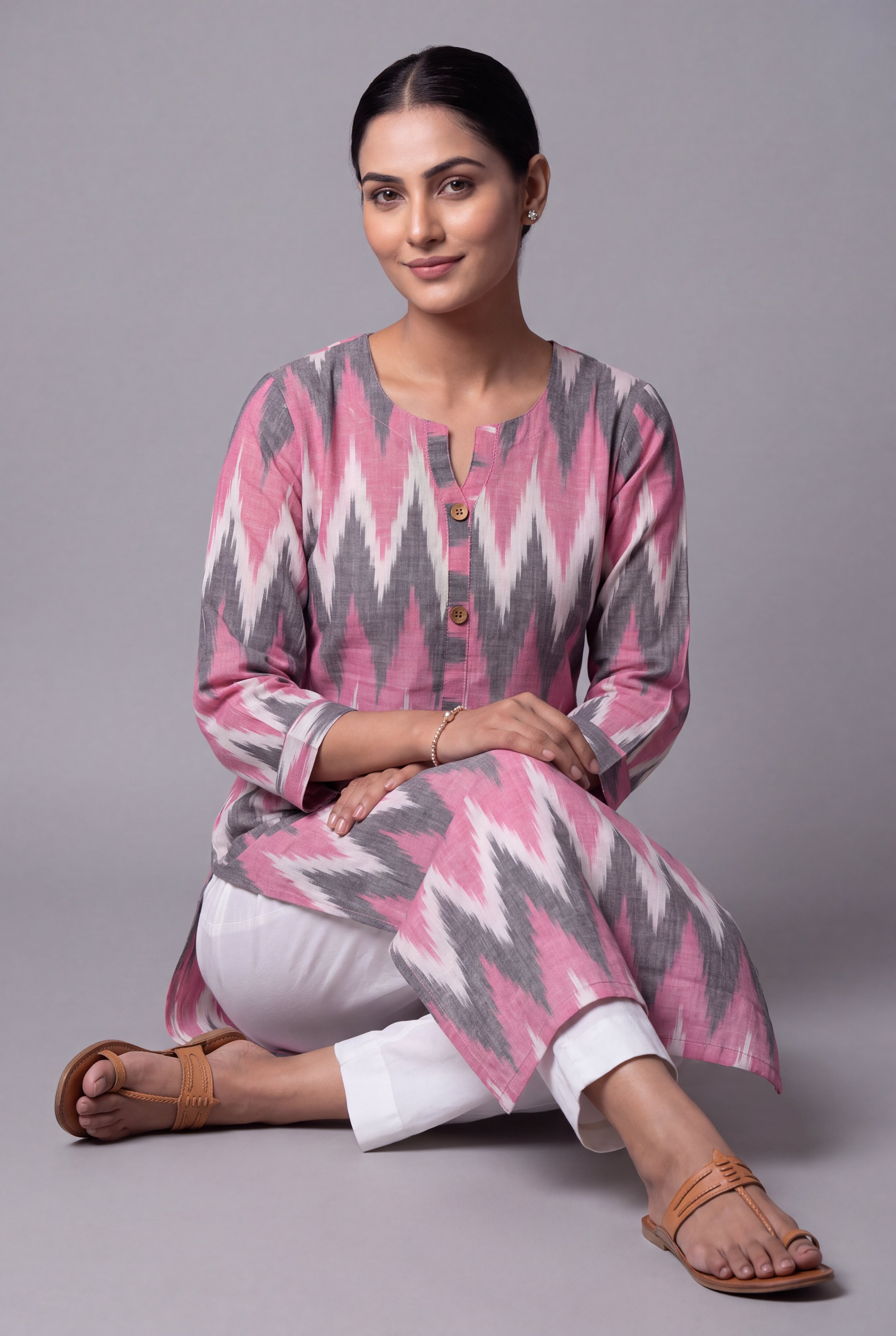 Pastel Pink and White Ikat-Inspired Tarang Kurti