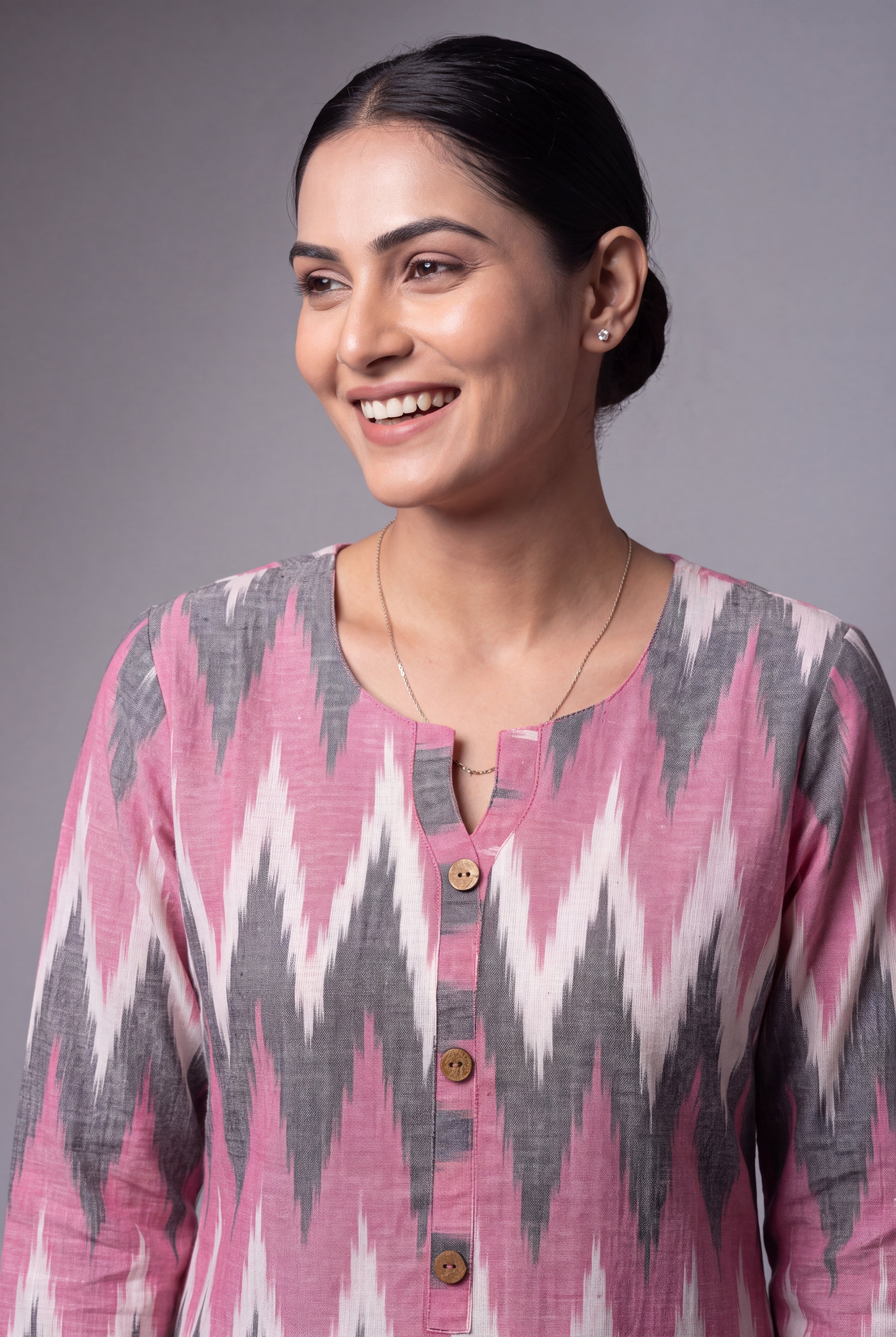 Pastel Pink and White Ikat-Inspired Tarang Kurti