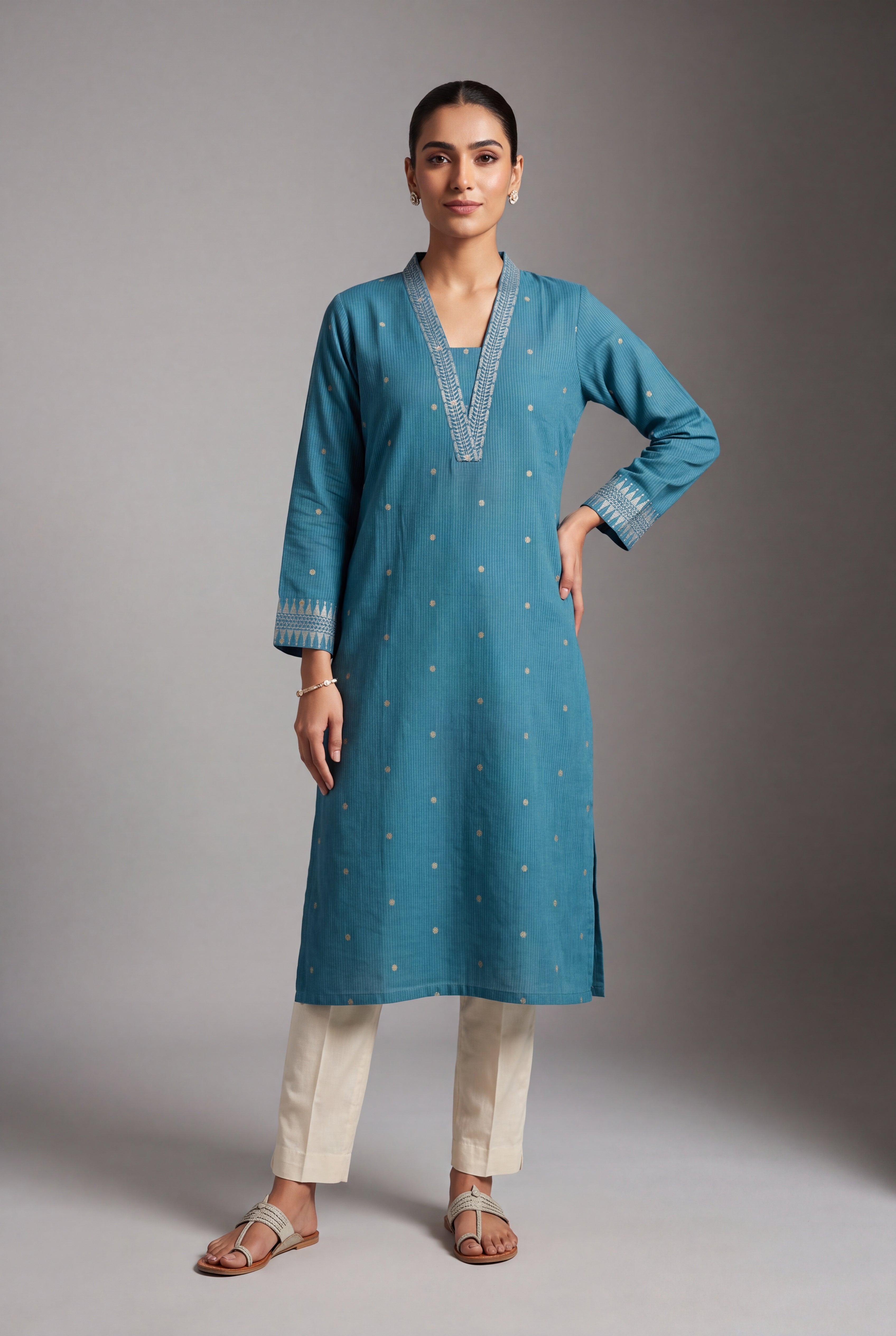 Cerulean Blue Chandrika Cotton Kurti with Checks and Zari embroidered collar and sleeves
