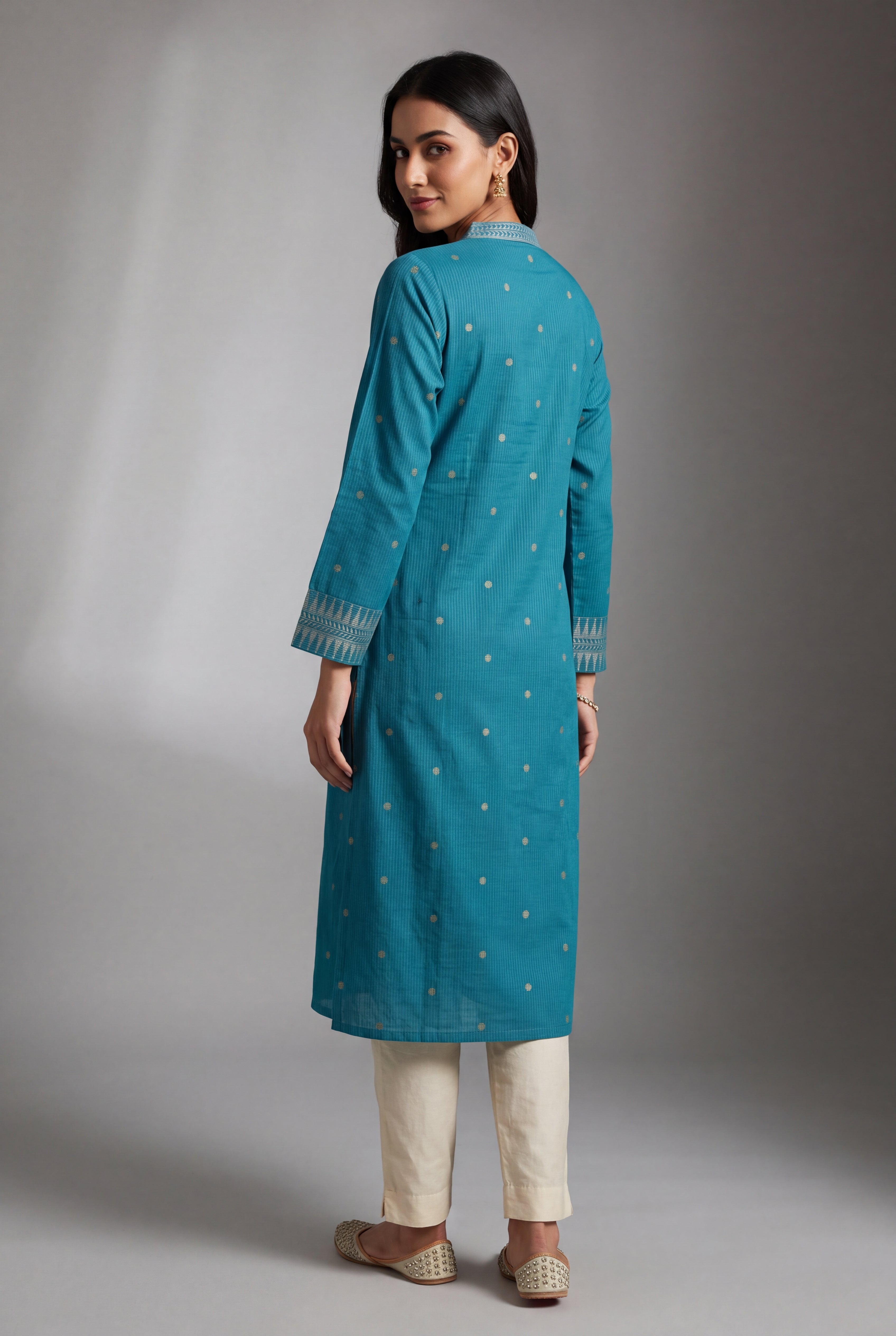 Cerulean Blue Chandrika Cotton Kurti with Checks and Zari embroidered collar and sleeves
