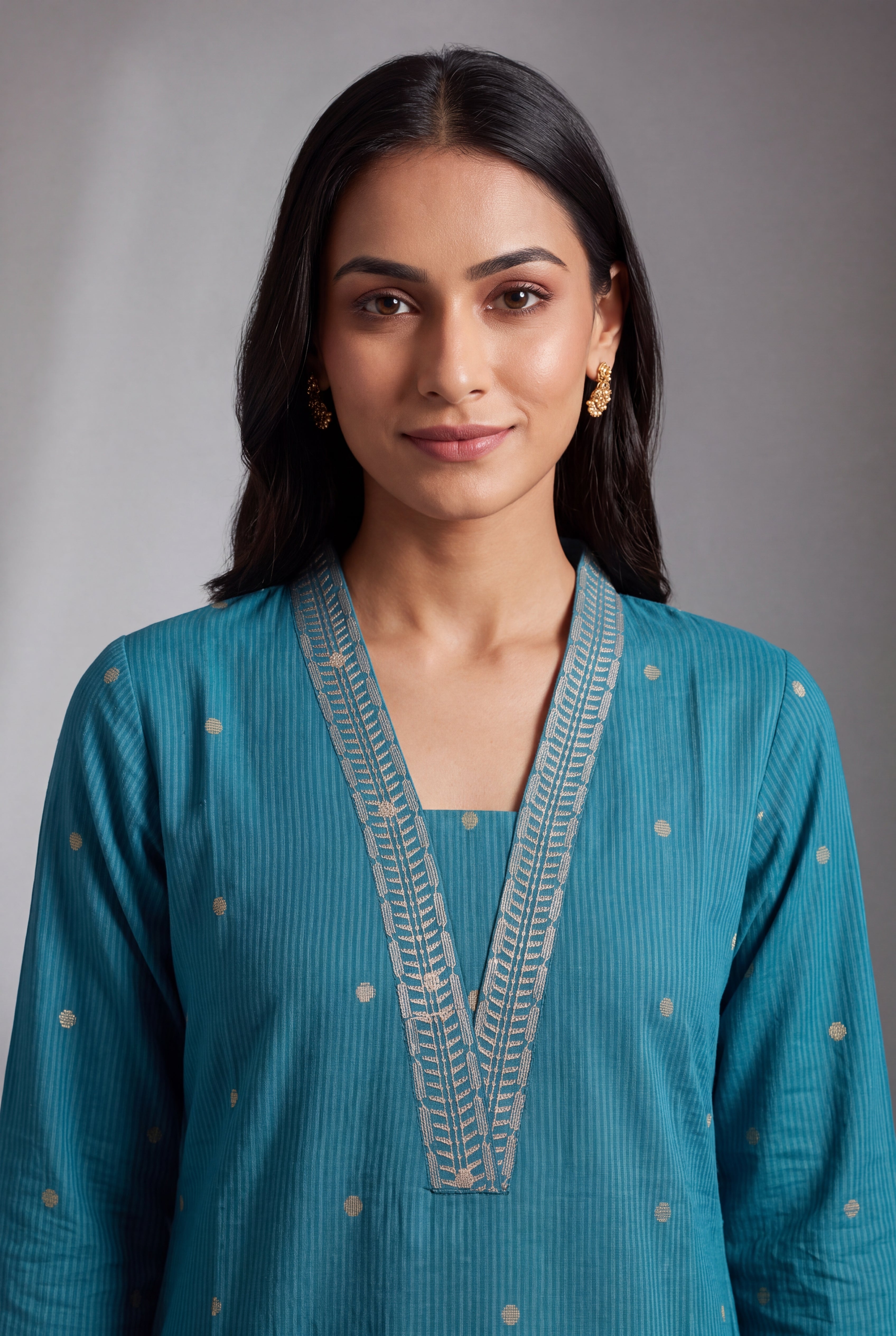 Cerulean Blue Chandrika Cotton Kurti with Checks and Zari embroidered collar and sleeves