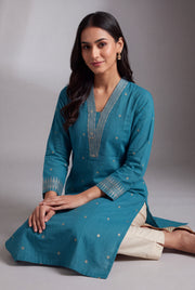 Cerulean Blue Chandrika Cotton Kurti with Checks and Zari embroidered collar and sleeves