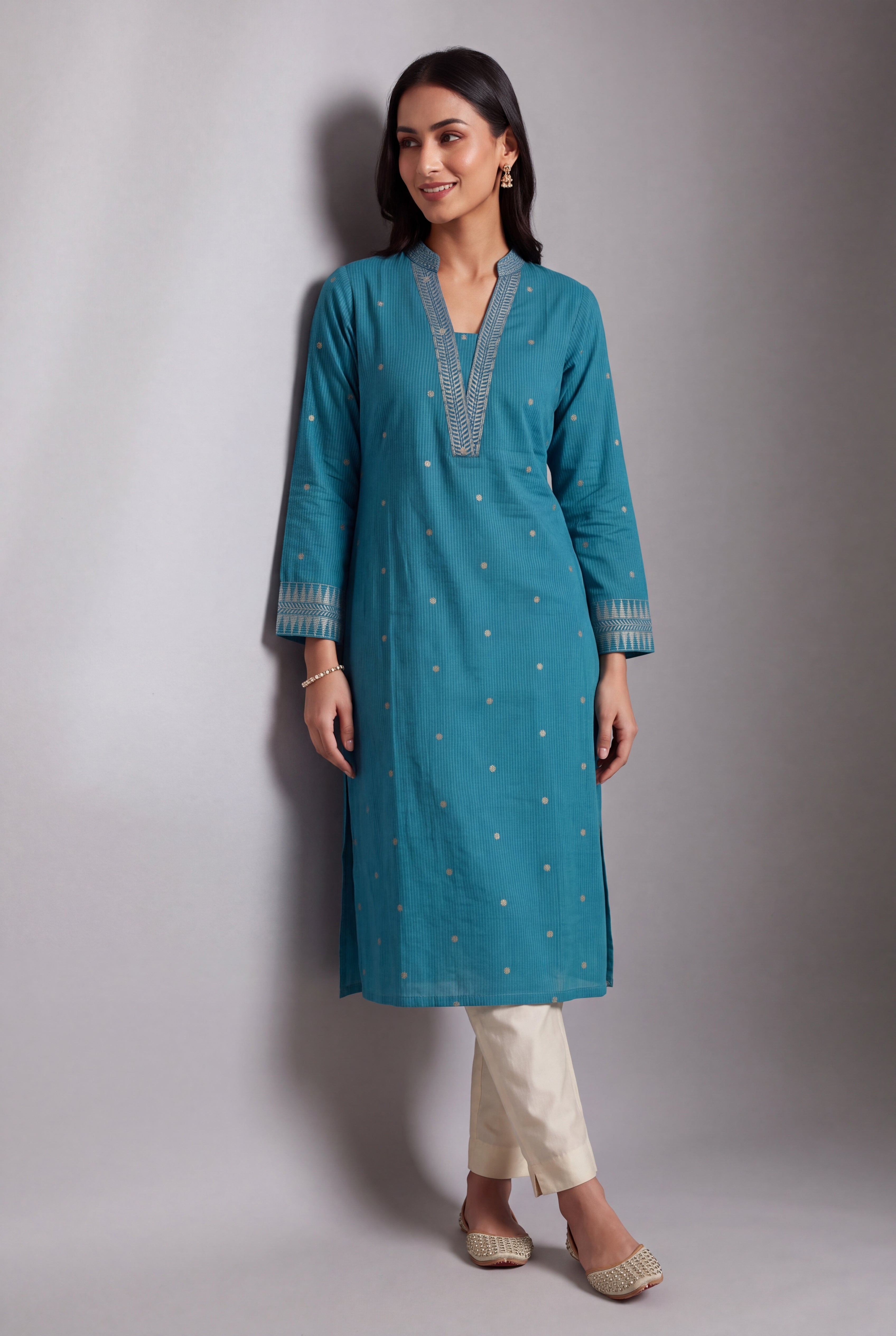 Cerulean Blue Chandrika Cotton Kurti with Checks and Zari embroidered collar and sleeves