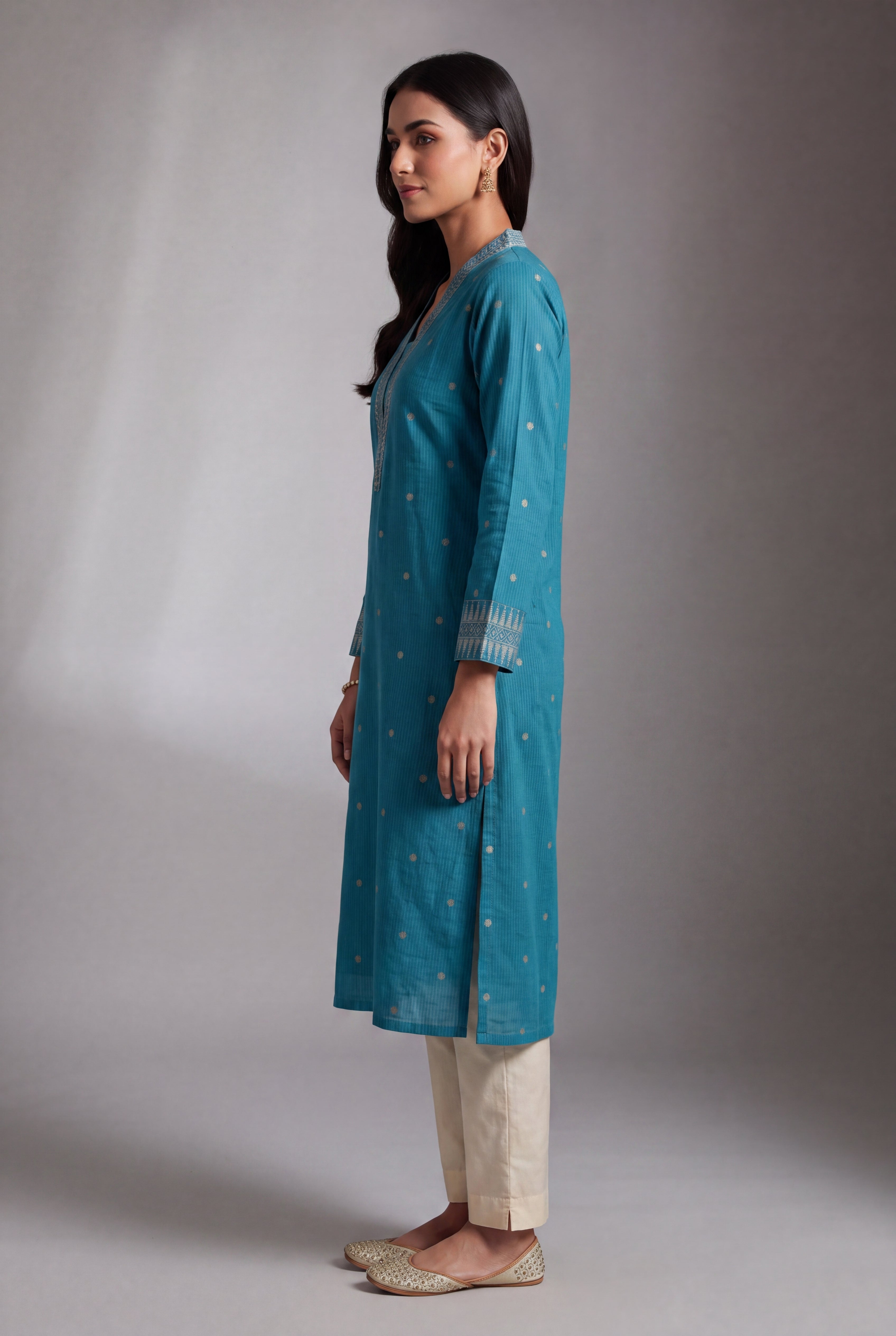 Cerulean Blue Chandrika Cotton Kurti with Checks and Zari embroidered collar and sleeves