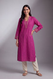 Fuchsia Pink Chandrika Cotton Kurti with Checks and Zari embroidered collar and sleeves
