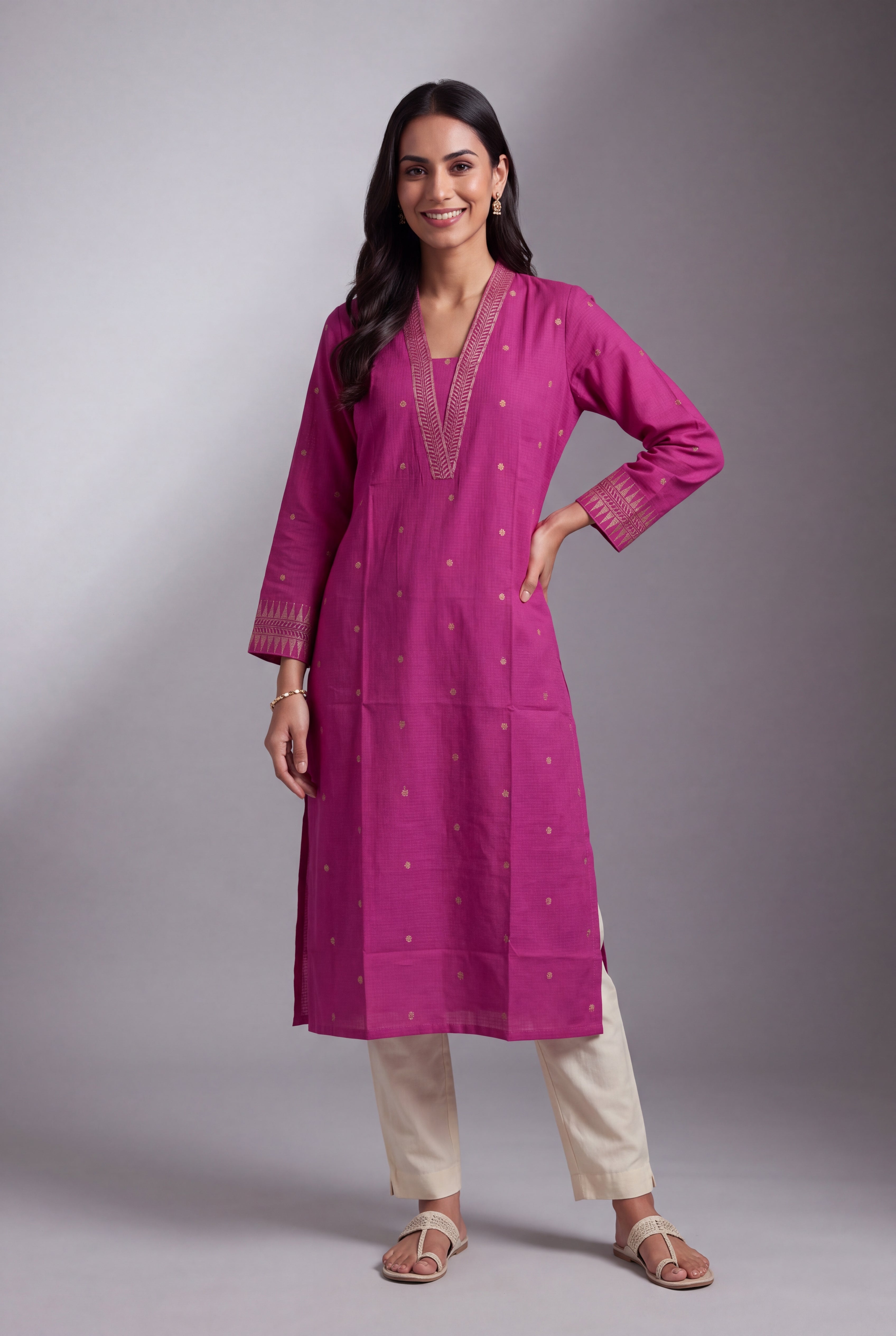Fuchsia Pink Chandrika Cotton Kurti with Checks and Zari embroidered collar and sleeves