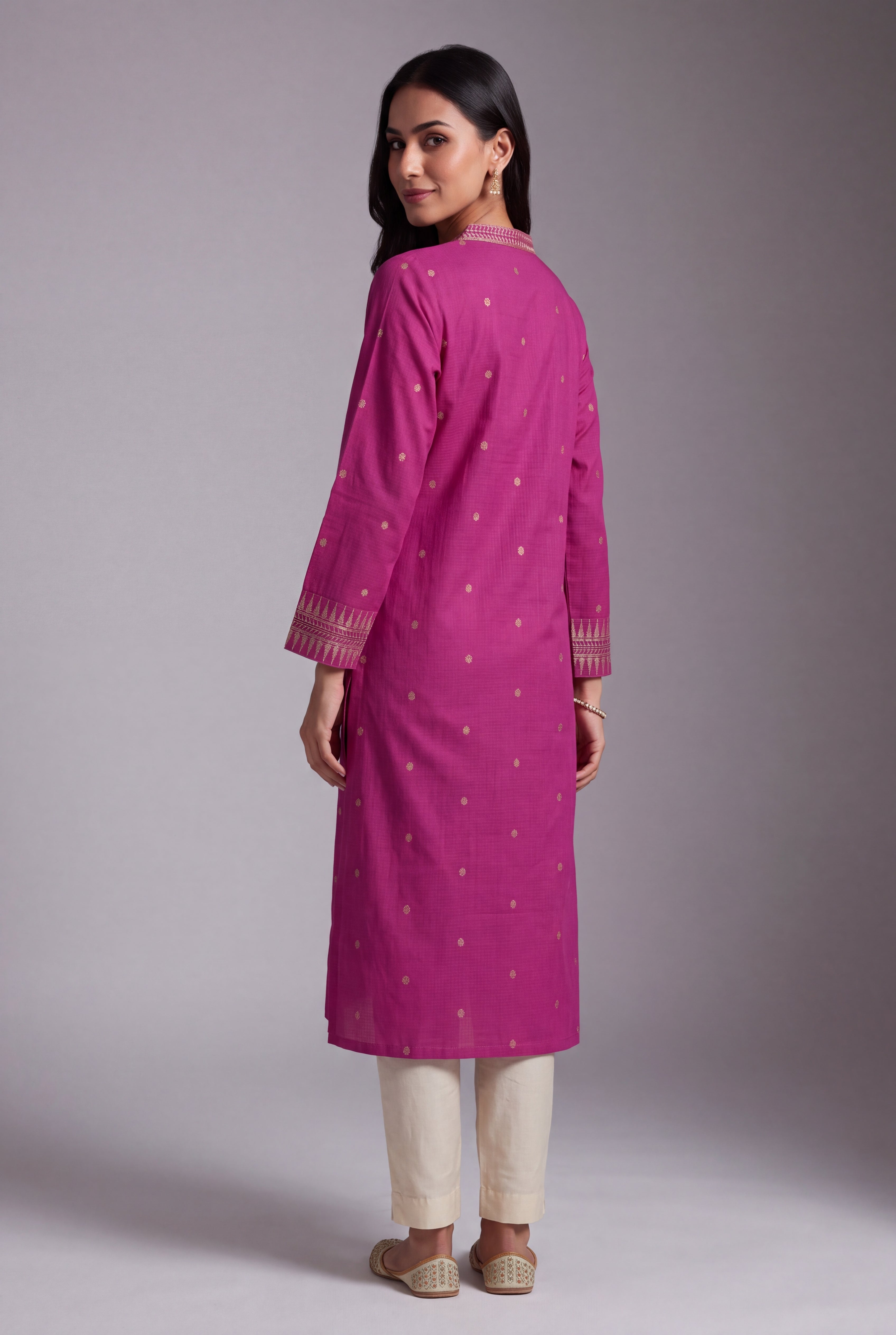 Fuchsia Pink Chandrika Cotton Kurti with Checks and Zari embroidered collar and sleeves