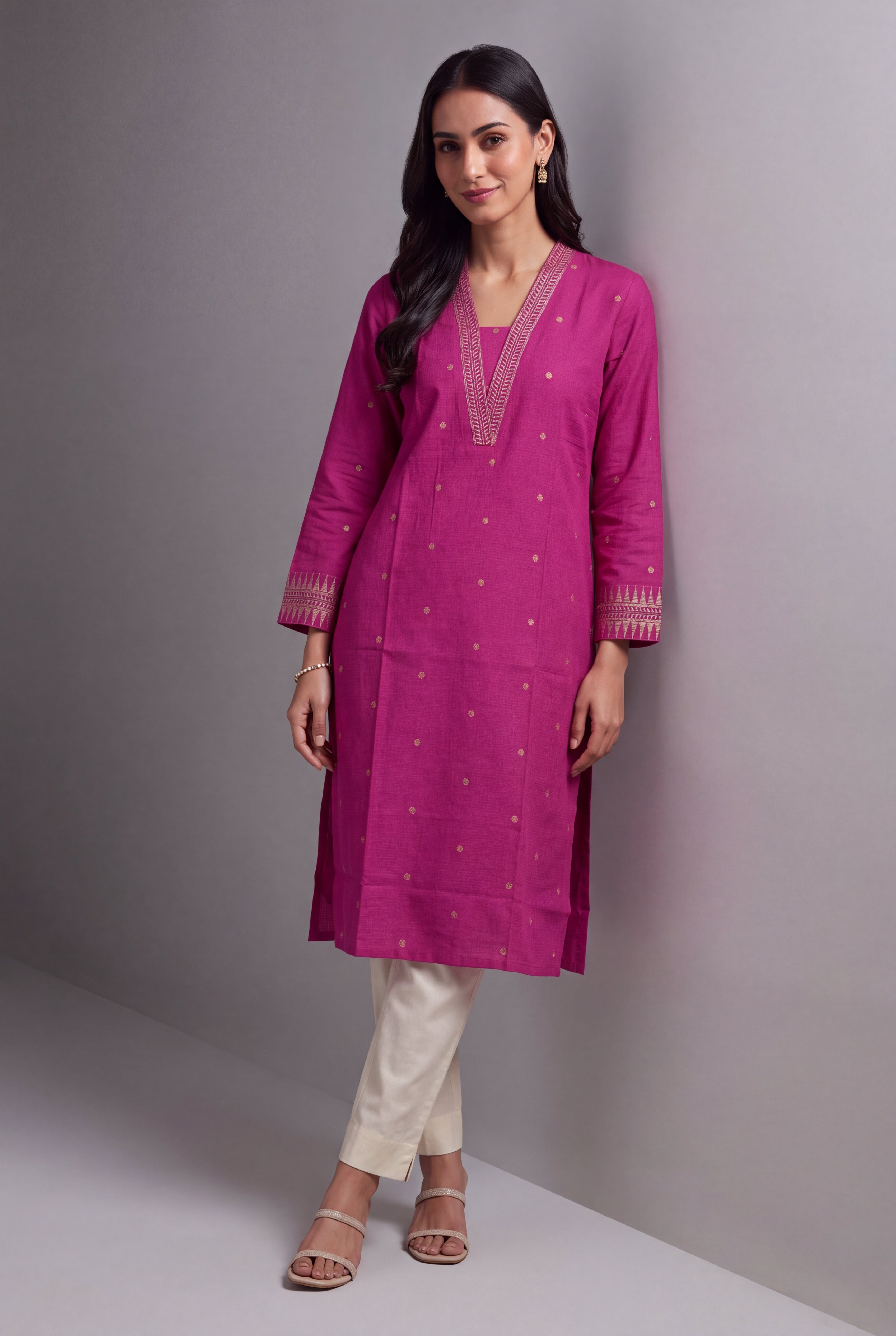 Fuchsia Pink Chandrika Cotton Kurti with Checks and Zari embroidered collar and sleeves