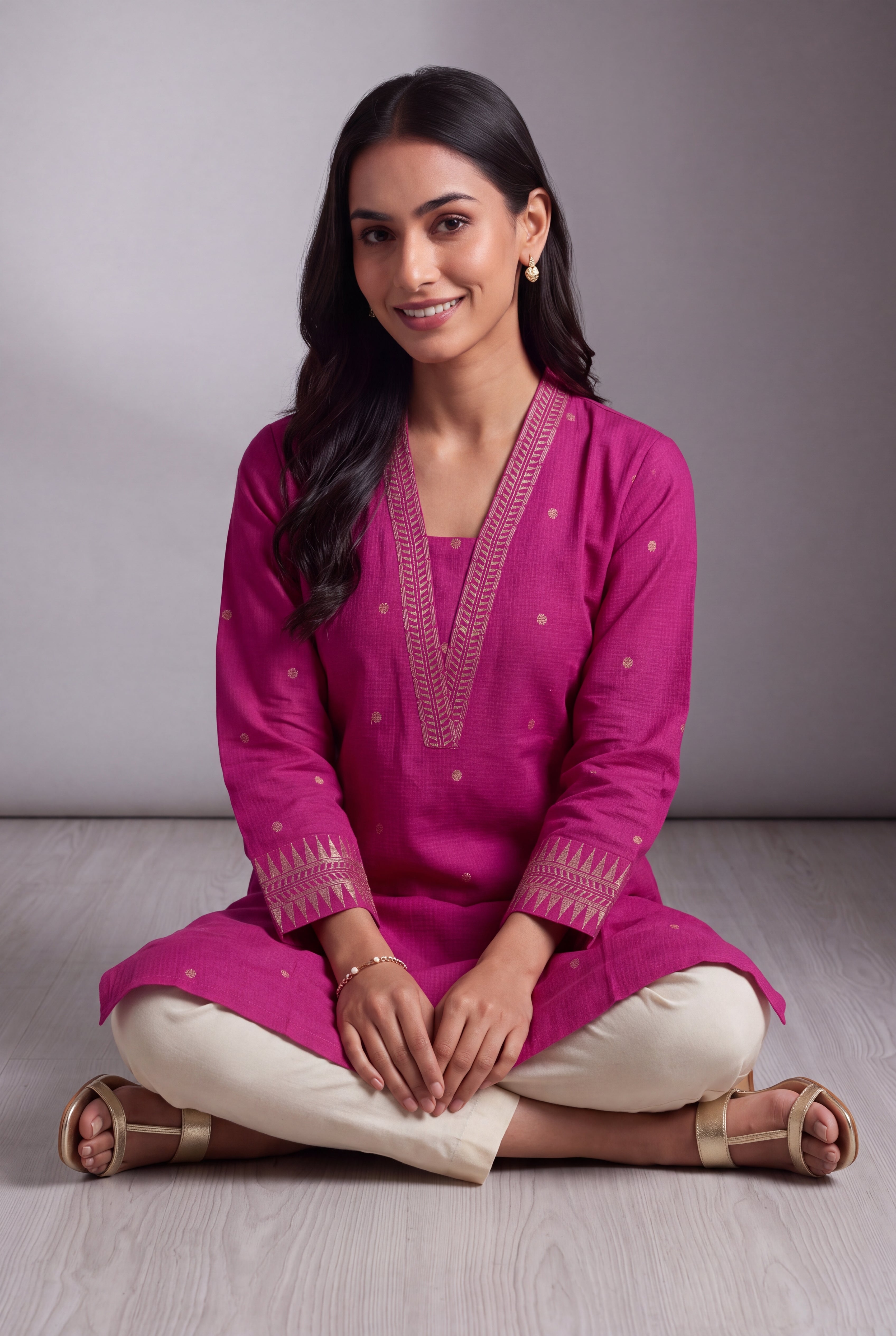Fuchsia Pink Chandrika Cotton Kurti with Checks and Zari embroidered collar and sleeves