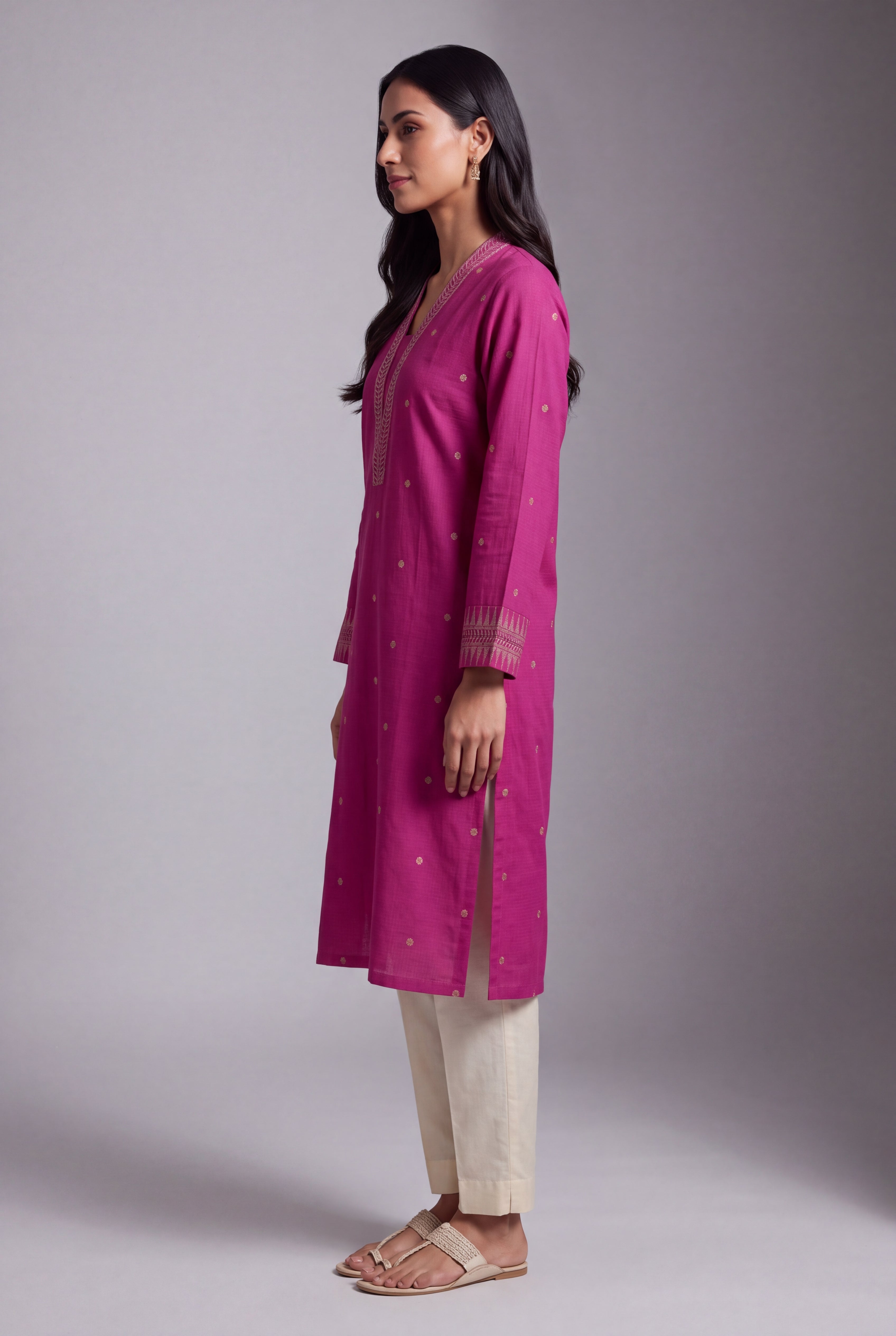 Fuchsia Pink Chandrika Cotton Kurti with Checks and Zari embroidered collar and sleeves