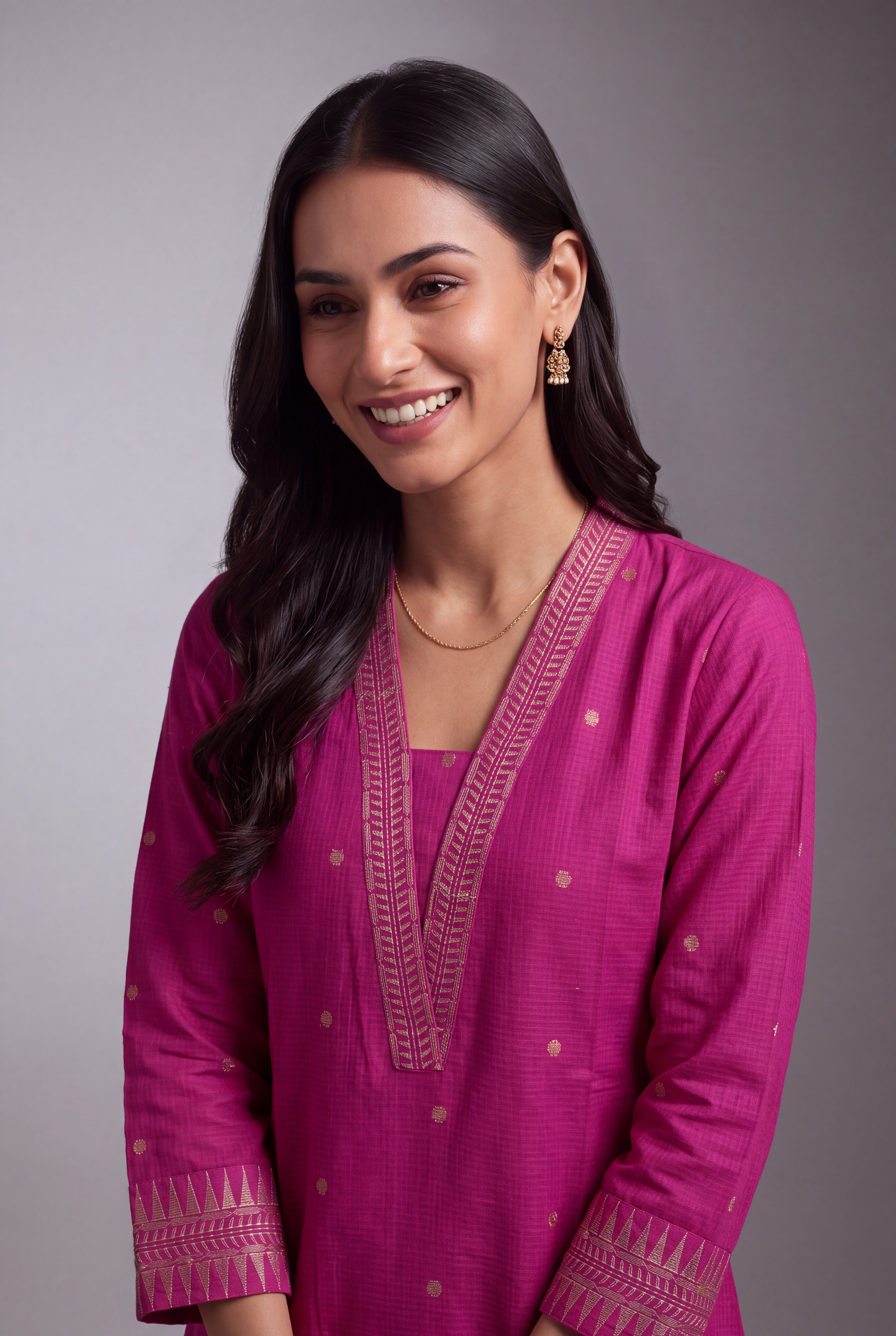 Fuchsia Pink Chandrika Cotton Kurti with Checks and Zari embroidered collar and sleeves