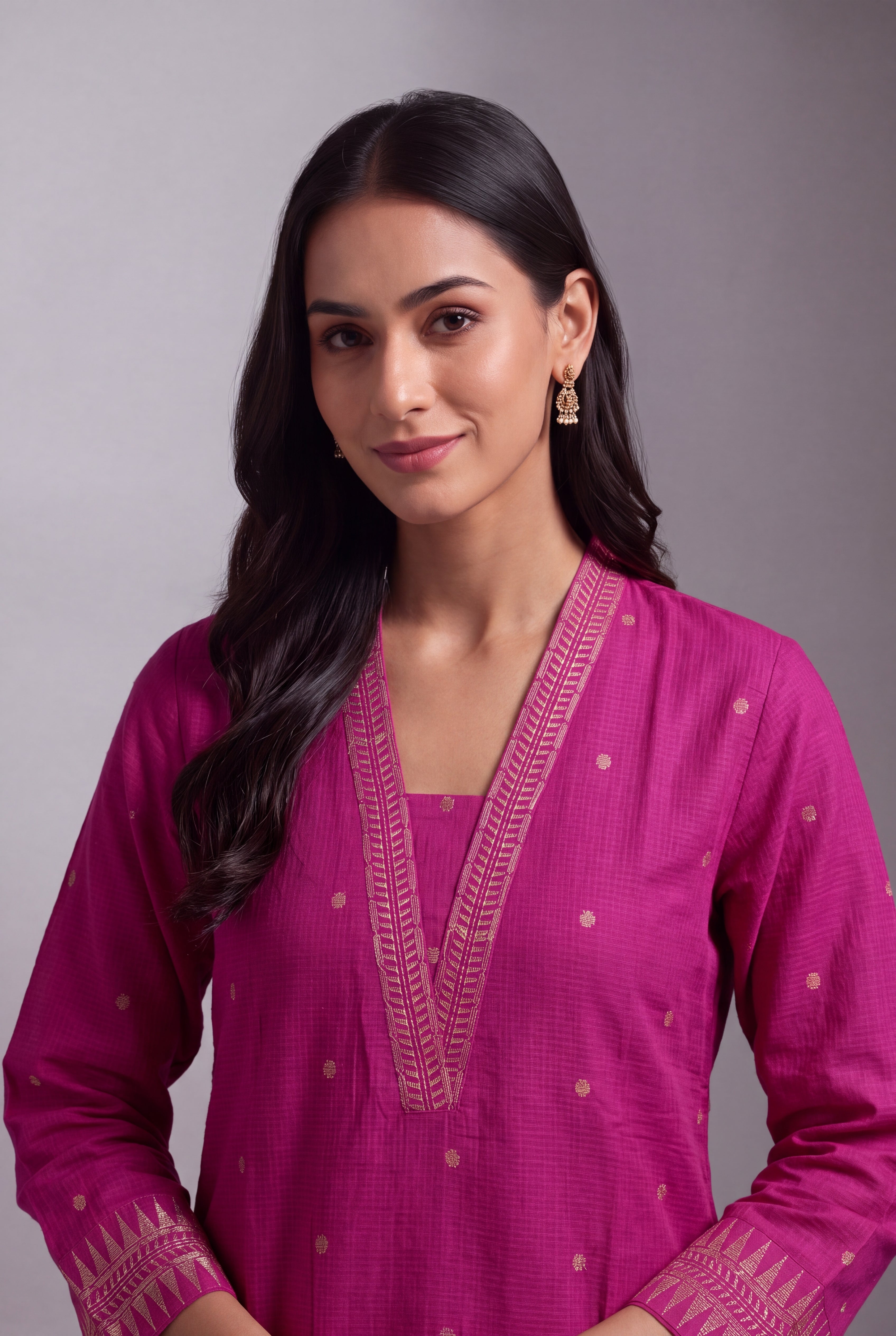 Fuchsia Pink Chandrika Cotton Kurti with Checks and Zari embroidered collar and sleeves