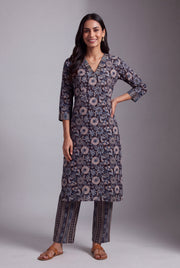Charcoal Indigo Floral Block-Print Co-ord Set