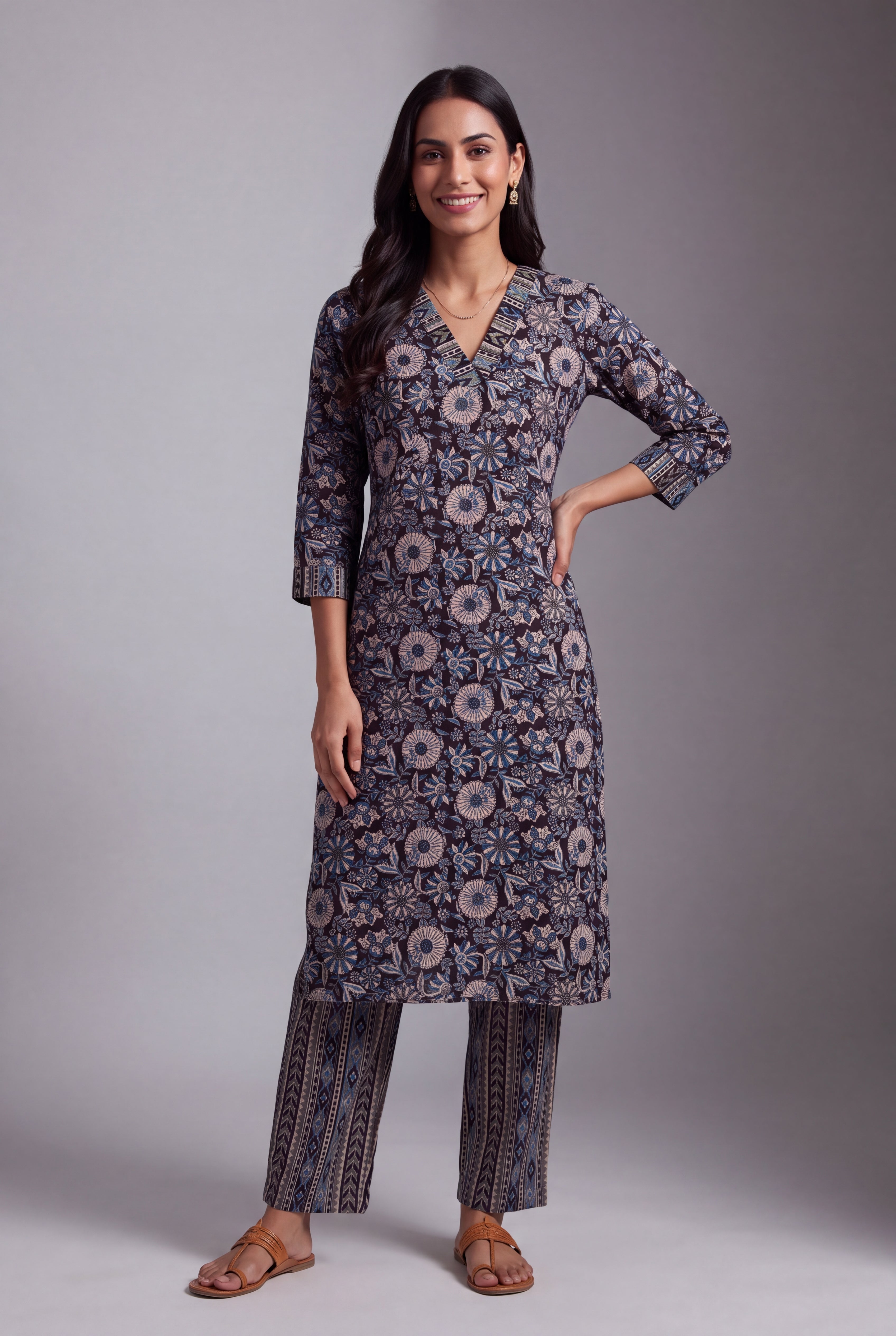 Charcoal Indigo Floral Block-Print Co-ord Set