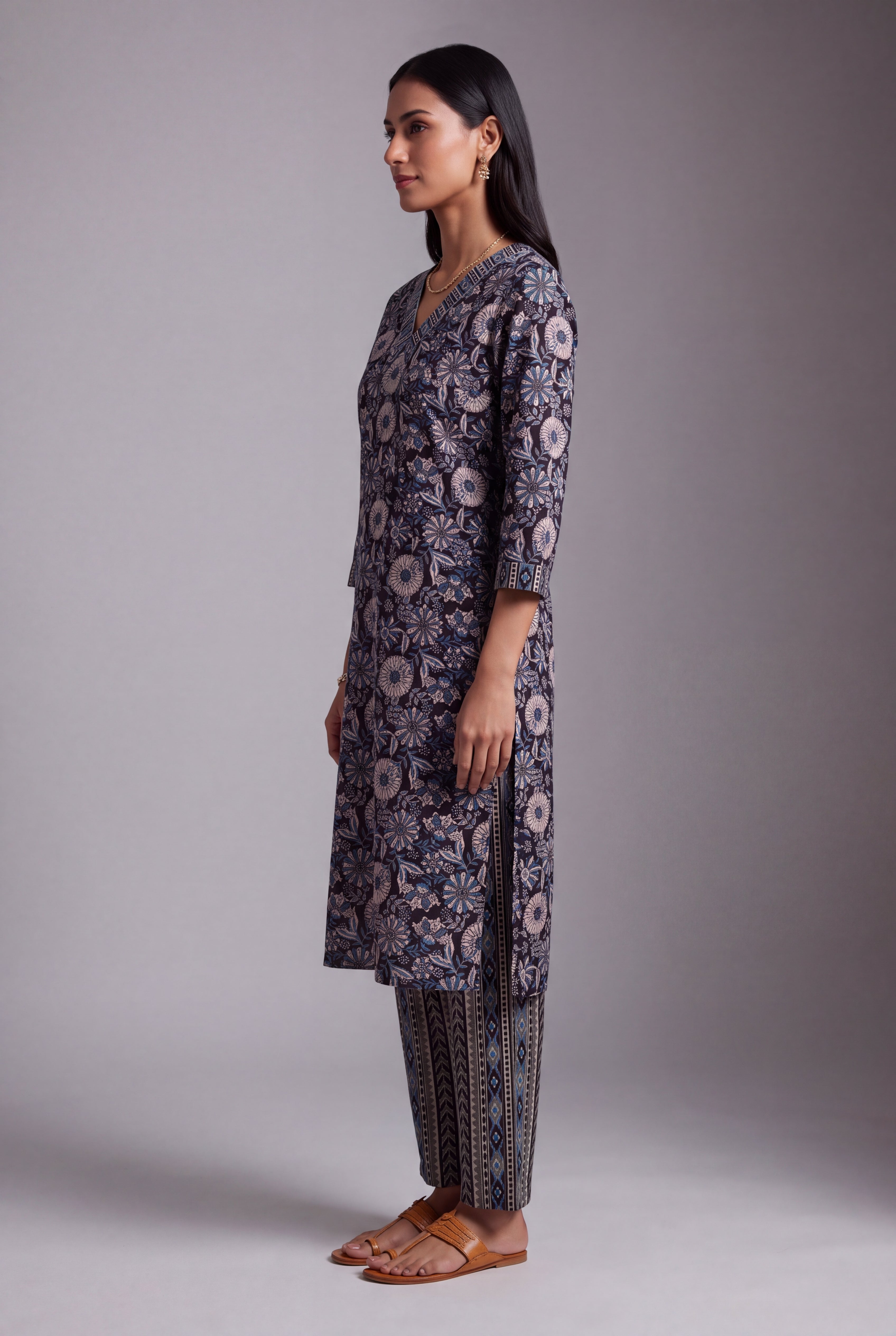 Charcoal Indigo Floral Block-Print Co-ord Set