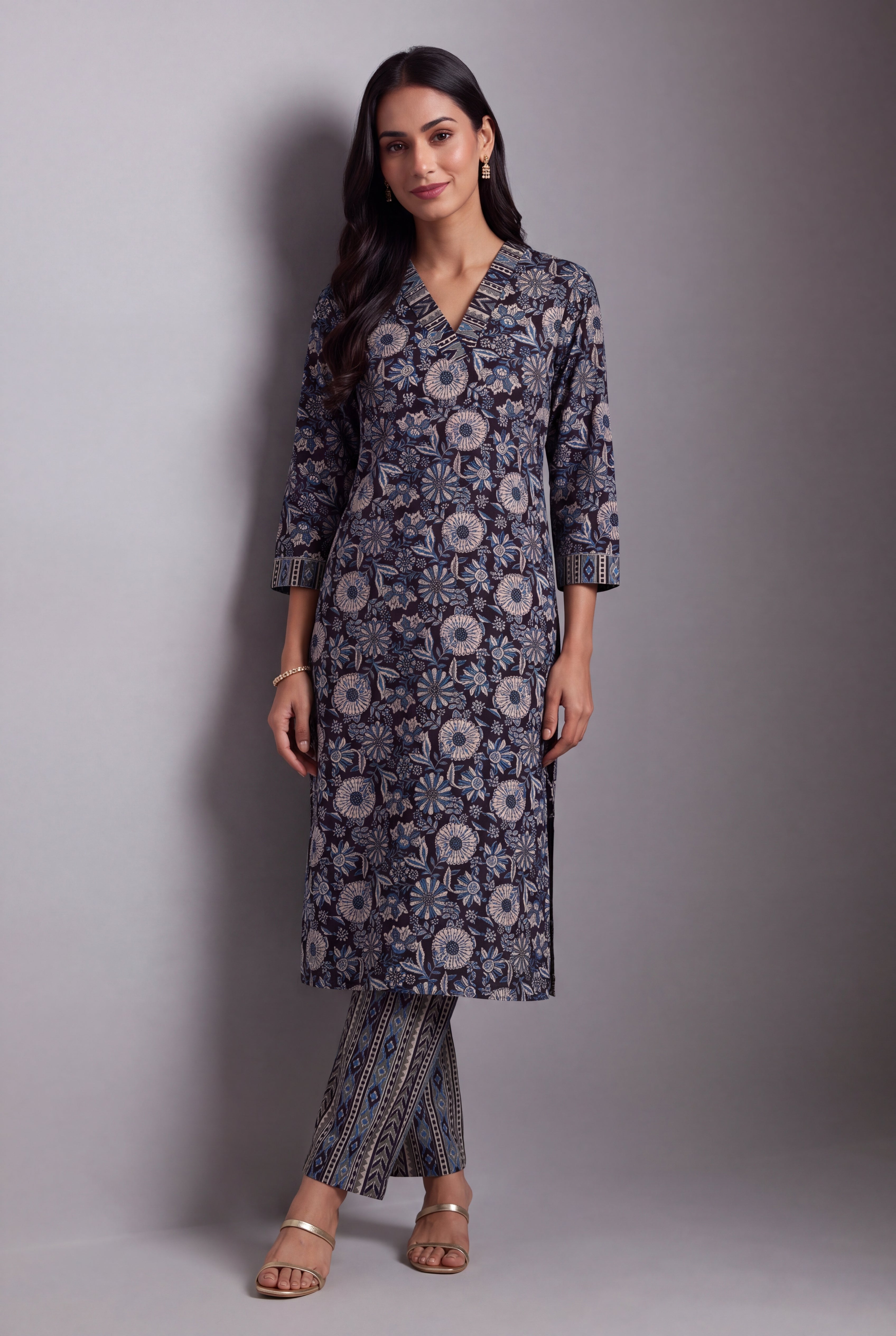 Charcoal Indigo Floral Block-Print Co-ord Set