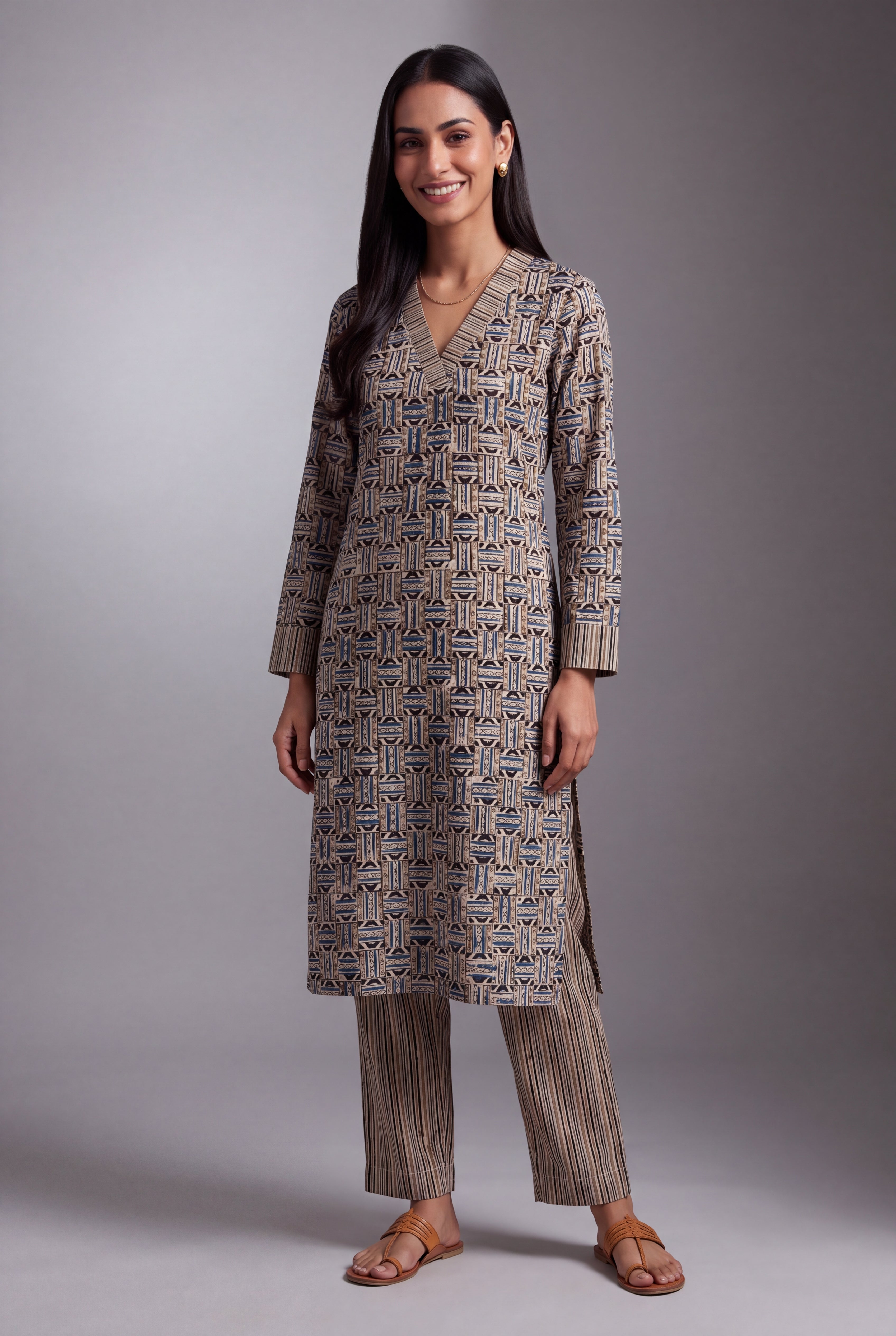 Beige & Blue Akriti Geometric Print Co-ord Set