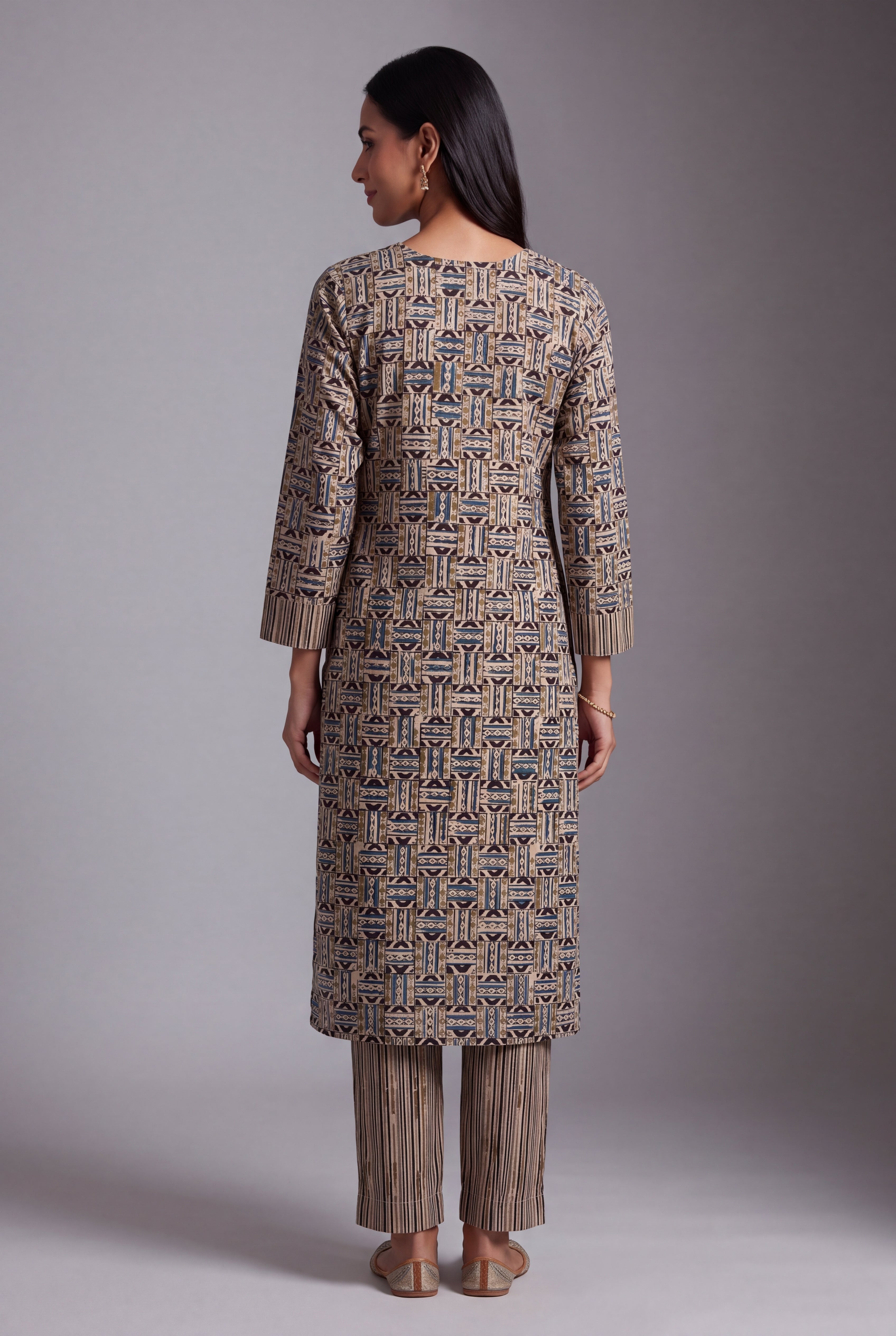 Beige & Blue Akriti Geometric Print Co-ord Set