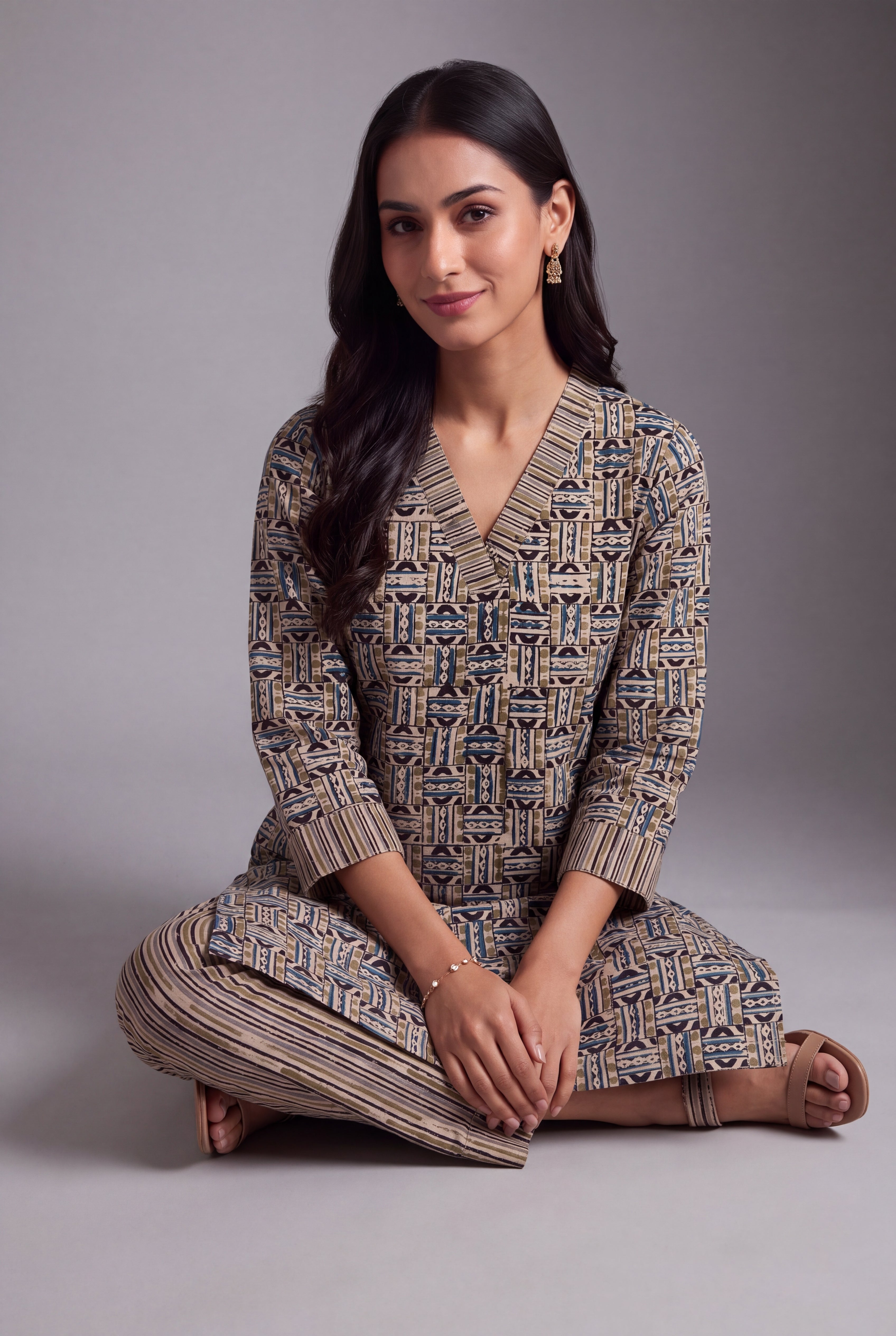 Beige & Blue Akriti Geometric Print Co-ord Set