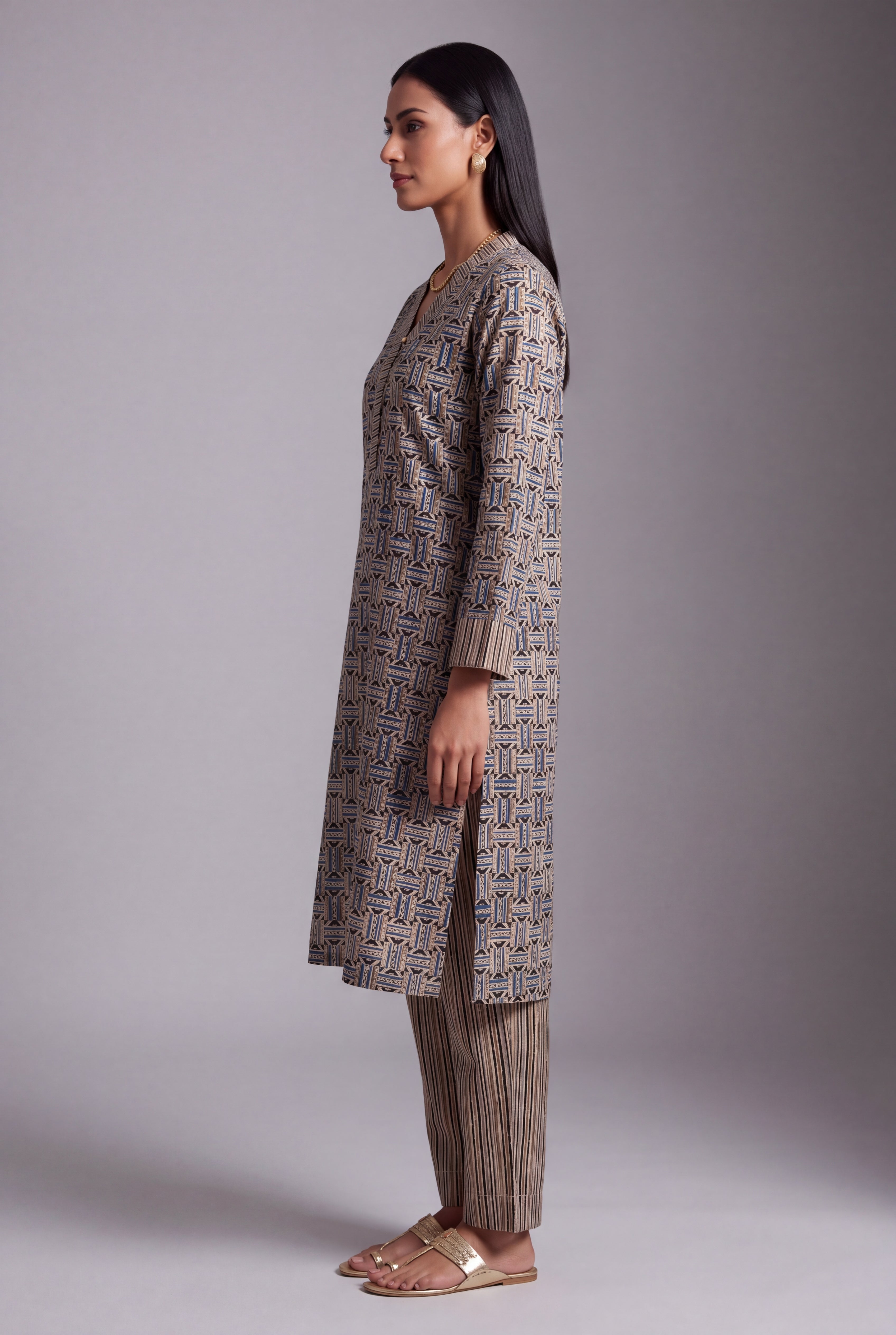 Beige & Blue Akriti Geometric Print Co-ord Set