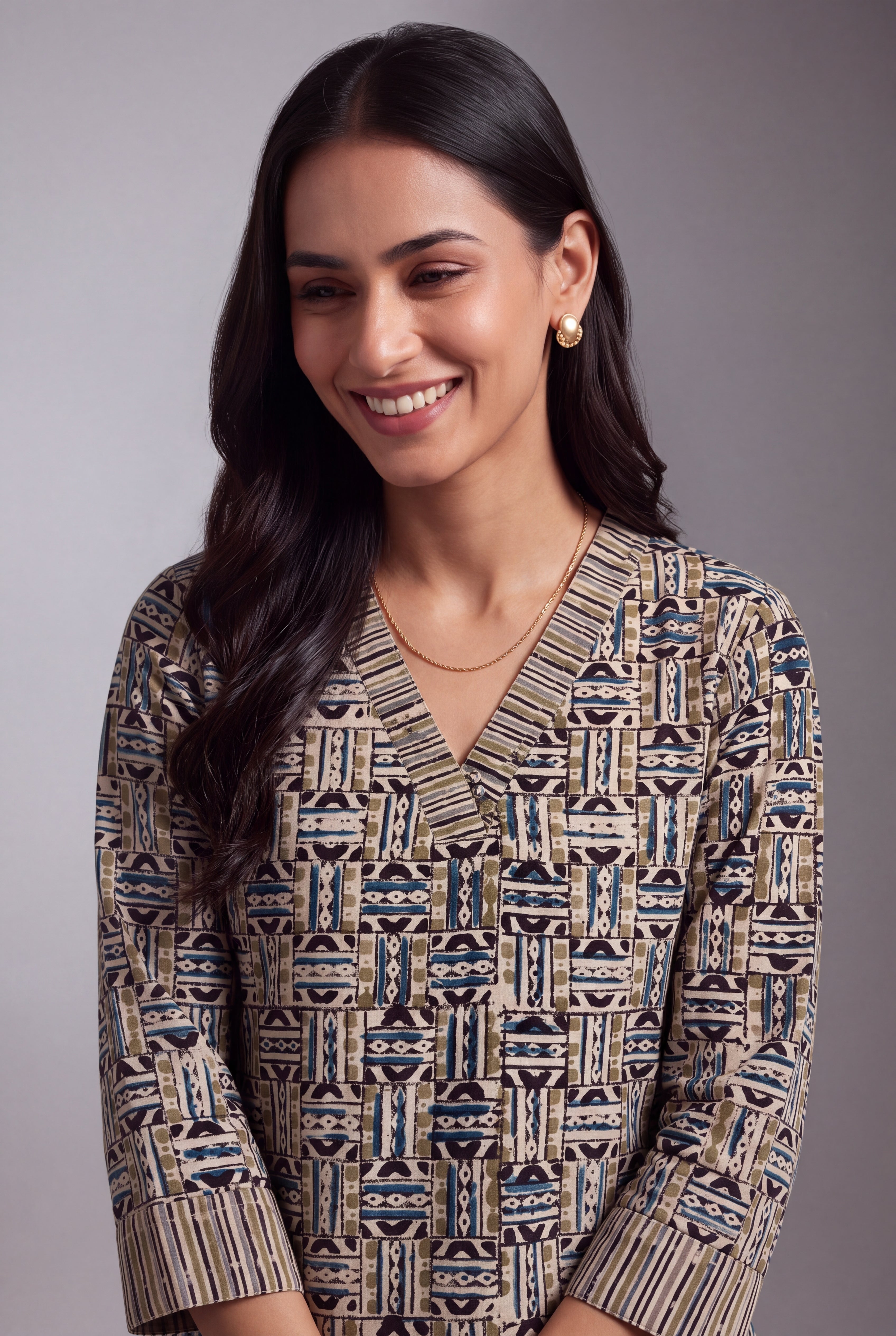 Beige & Blue Akriti Geometric Print Co-ord Set