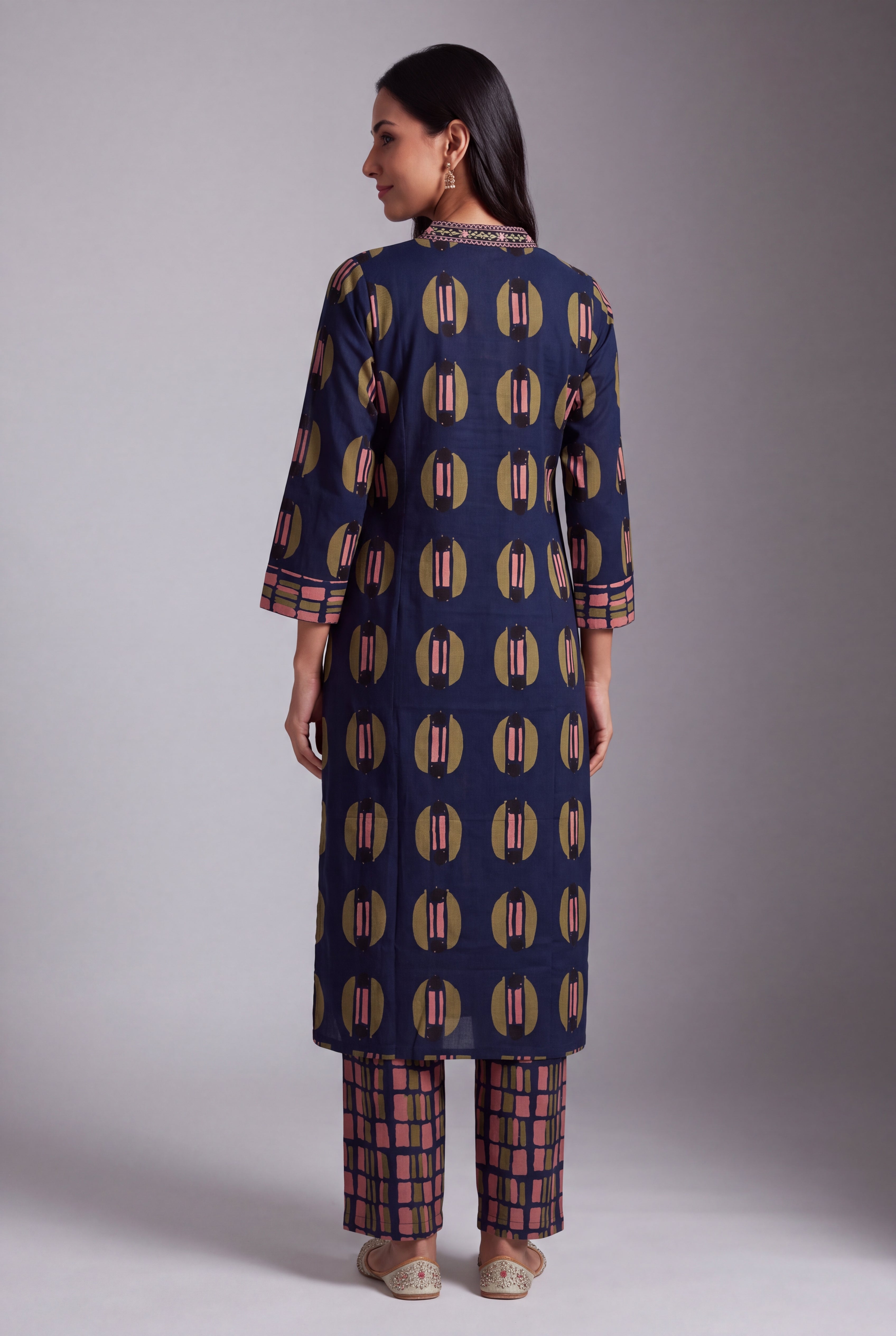 Navy Blue Chakra-Print Co-ord Set with Windowpane Pants