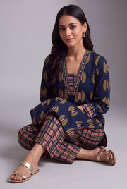 Navy Blue Chakra-Print Co-ord Set with Windowpane Pants