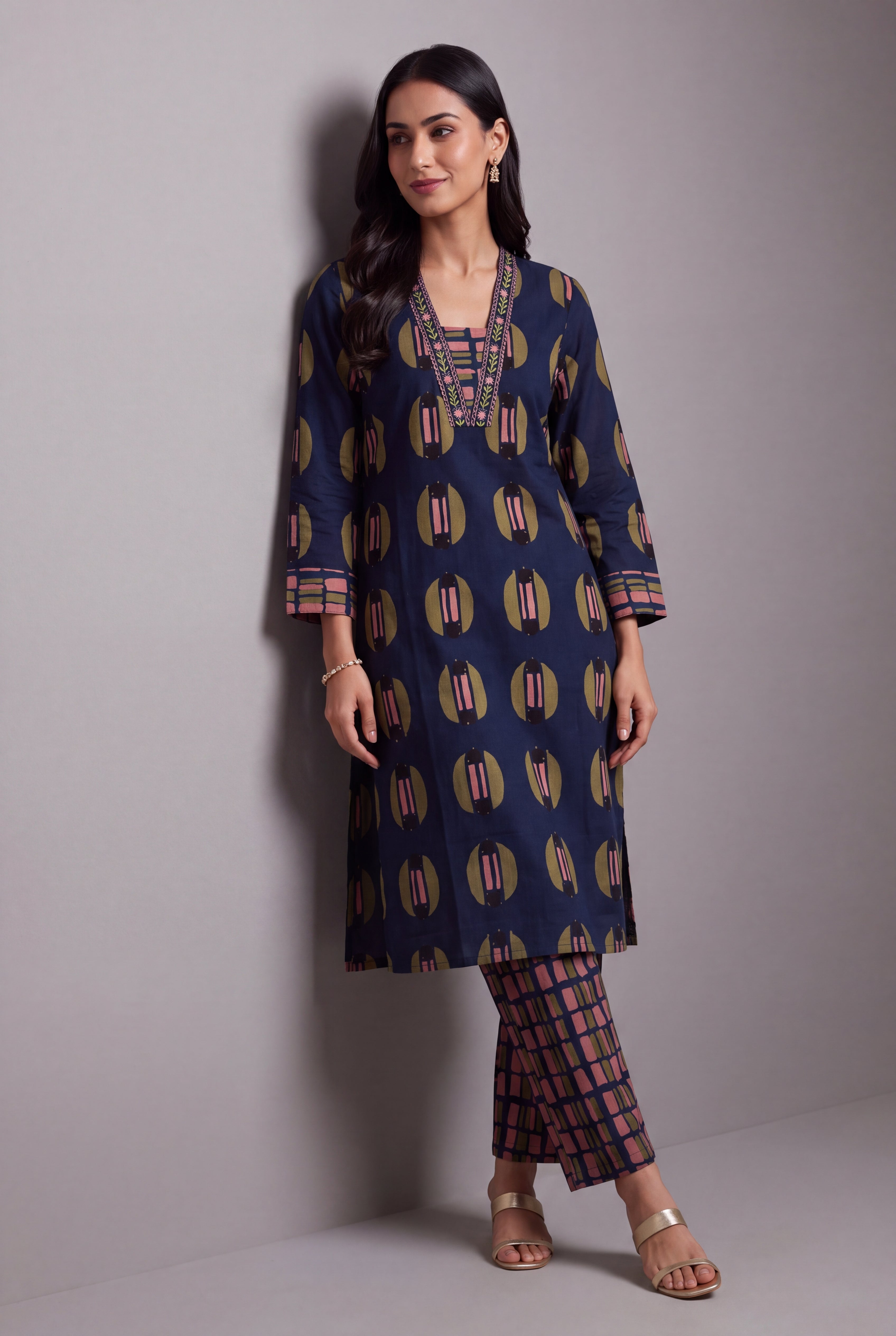 Navy Blue Chakra-Print Co-ord Set with Windowpane Pants