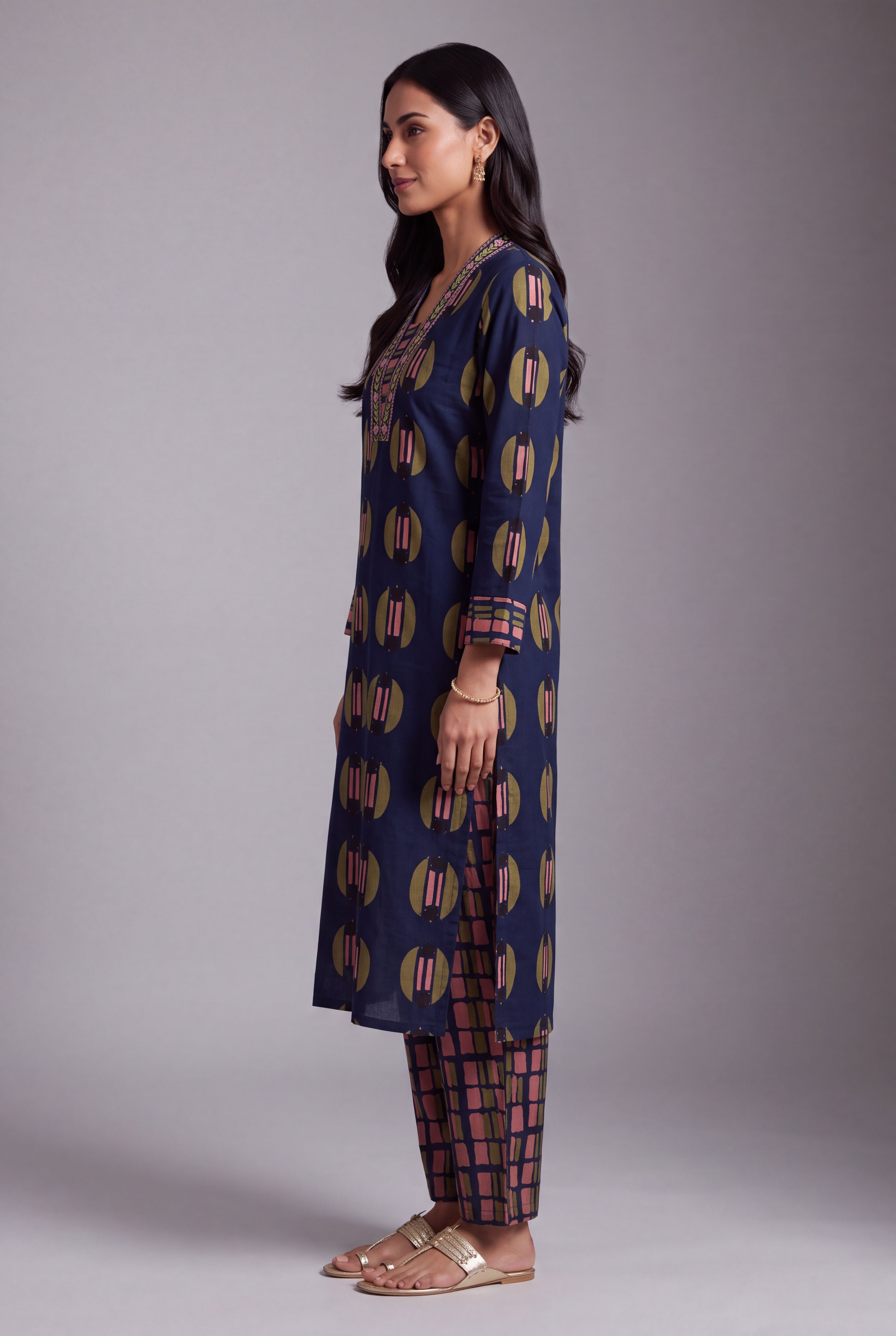 Navy Blue Chakra-Print Co-ord Set with Windowpane Pants