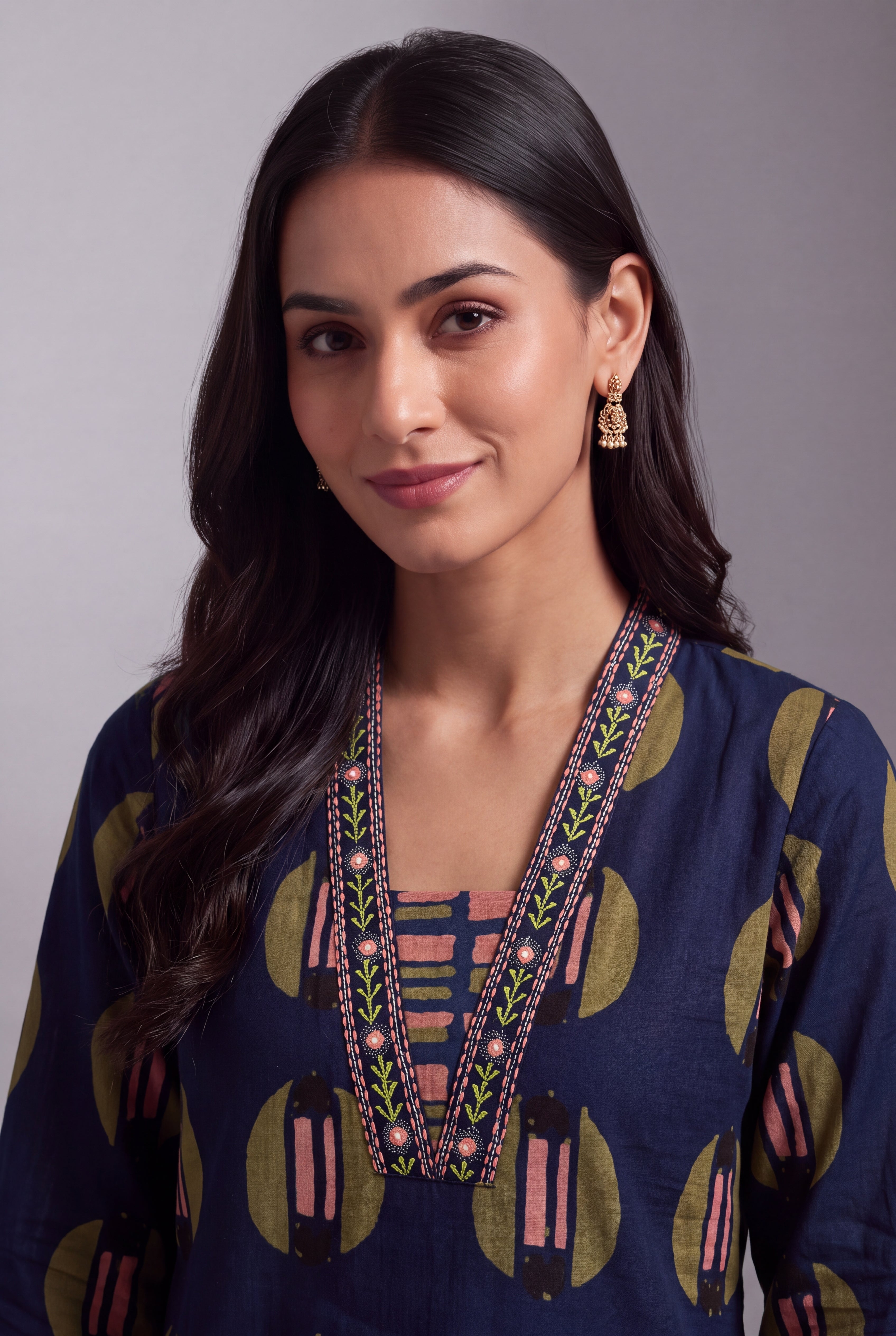 Navy Blue Chakra-Print Co-ord Set with Windowpane Pants