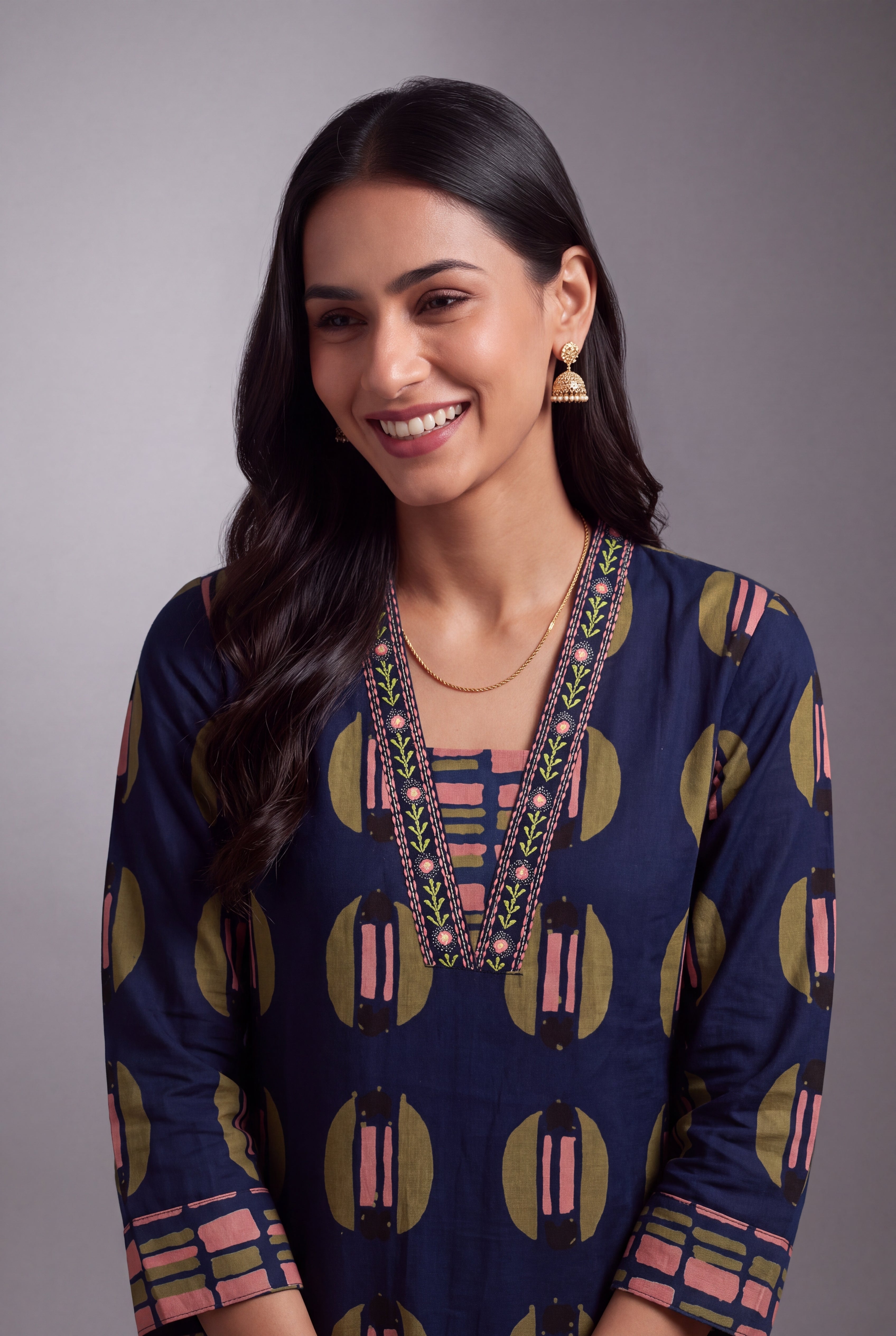 Navy Blue Chakra-Print Co-ord Set with Windowpane Pants